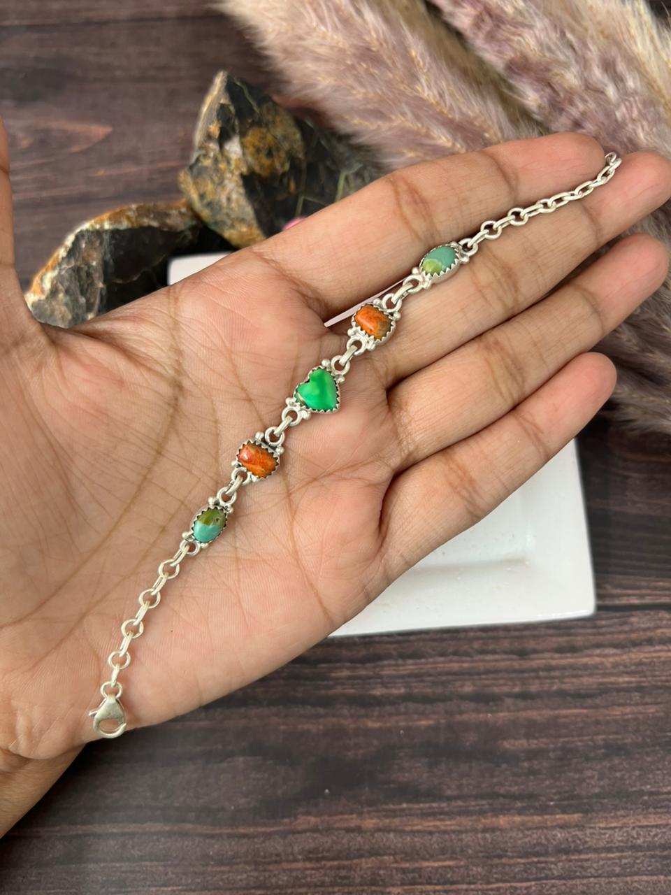Handmade Sterling Silver Orange Mojave with Kingman and Irish Dahlia Chain Bracelet "Signed Nizhoni"