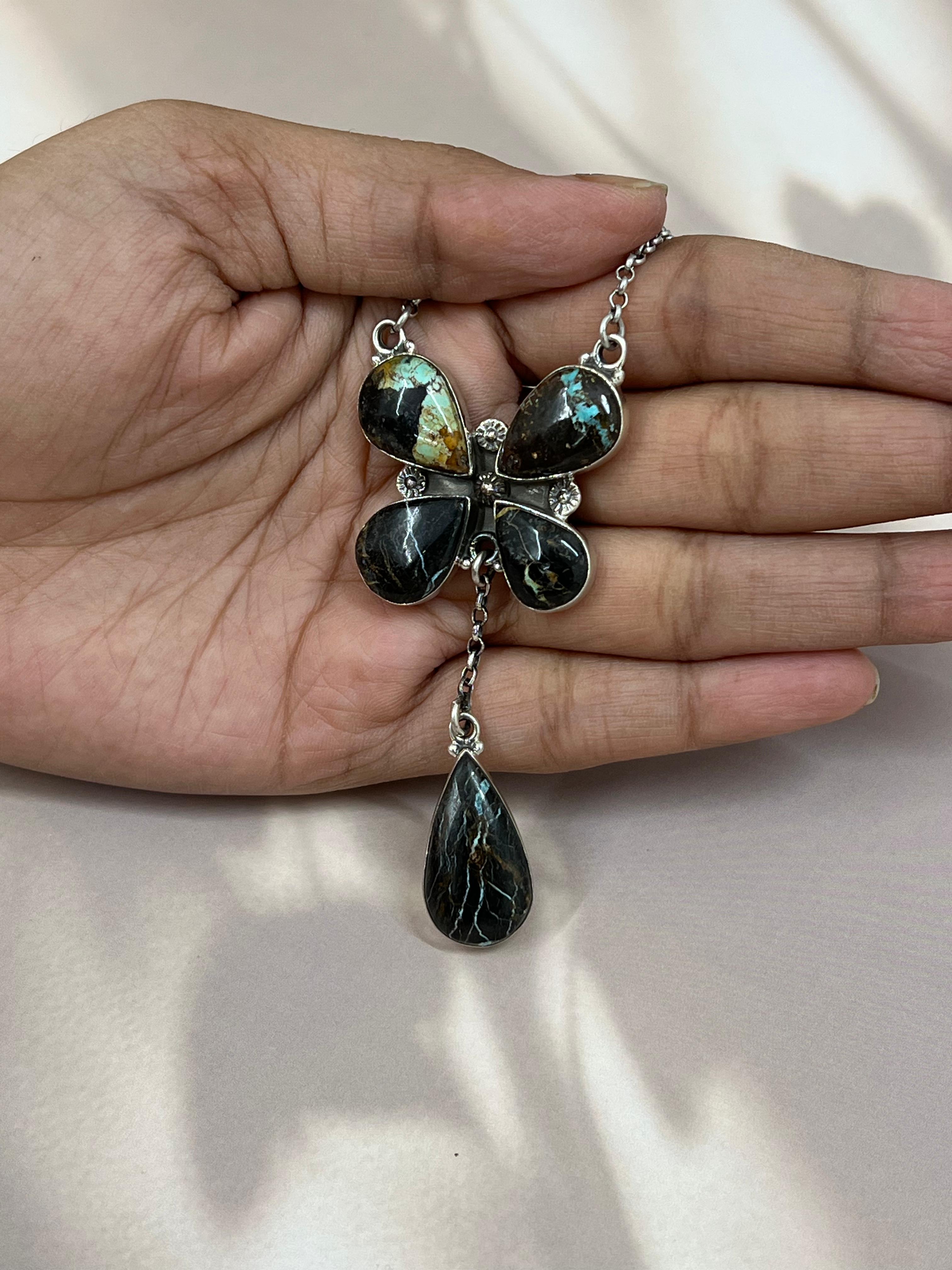 Handmade Sterling Silver Blackjack Turquoise Necklace Signed Nizhoni