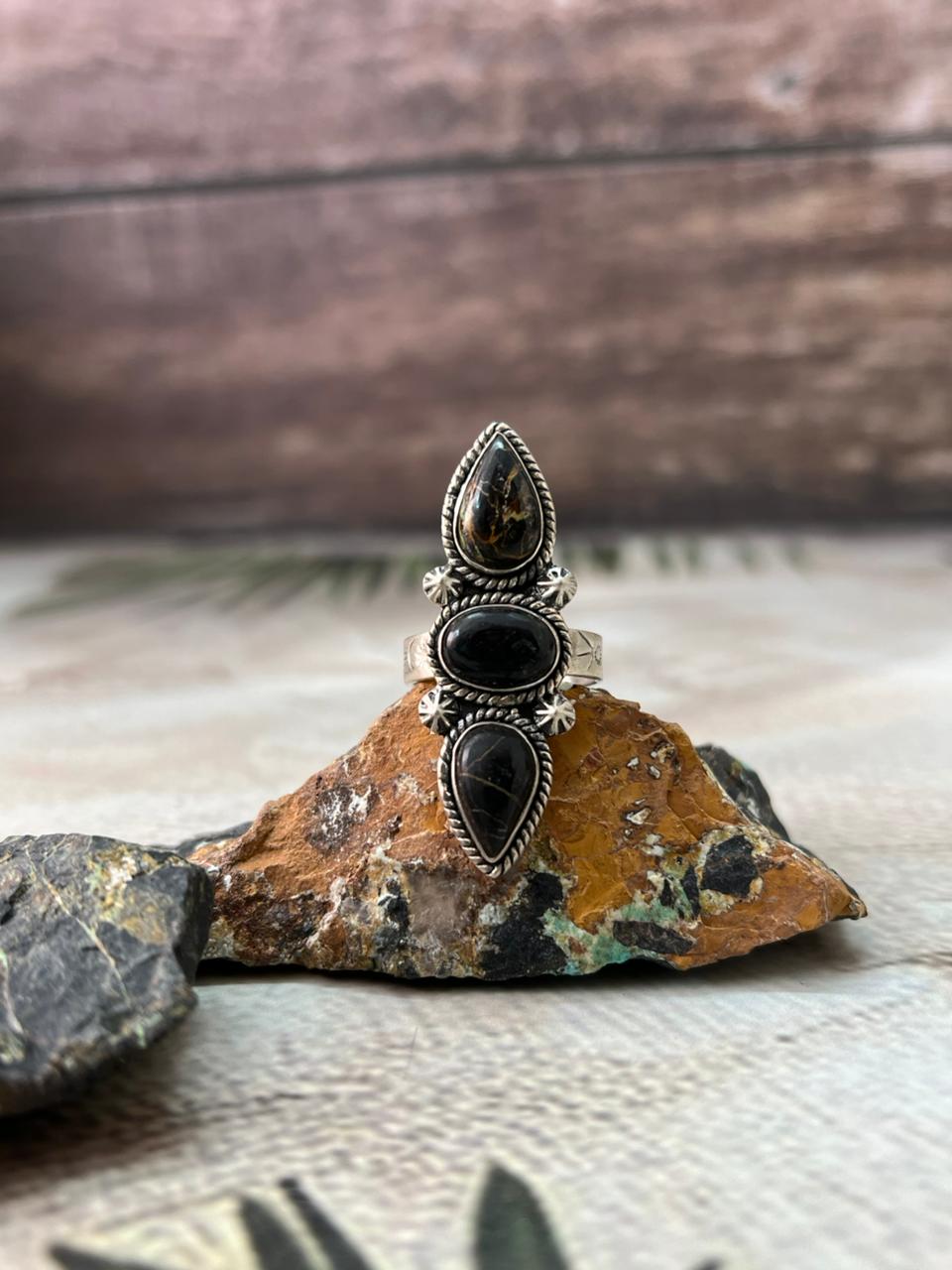 Handmade Sterling Silver Blackjack Turquoise Adjustable Ring " Signed Nizhoni"