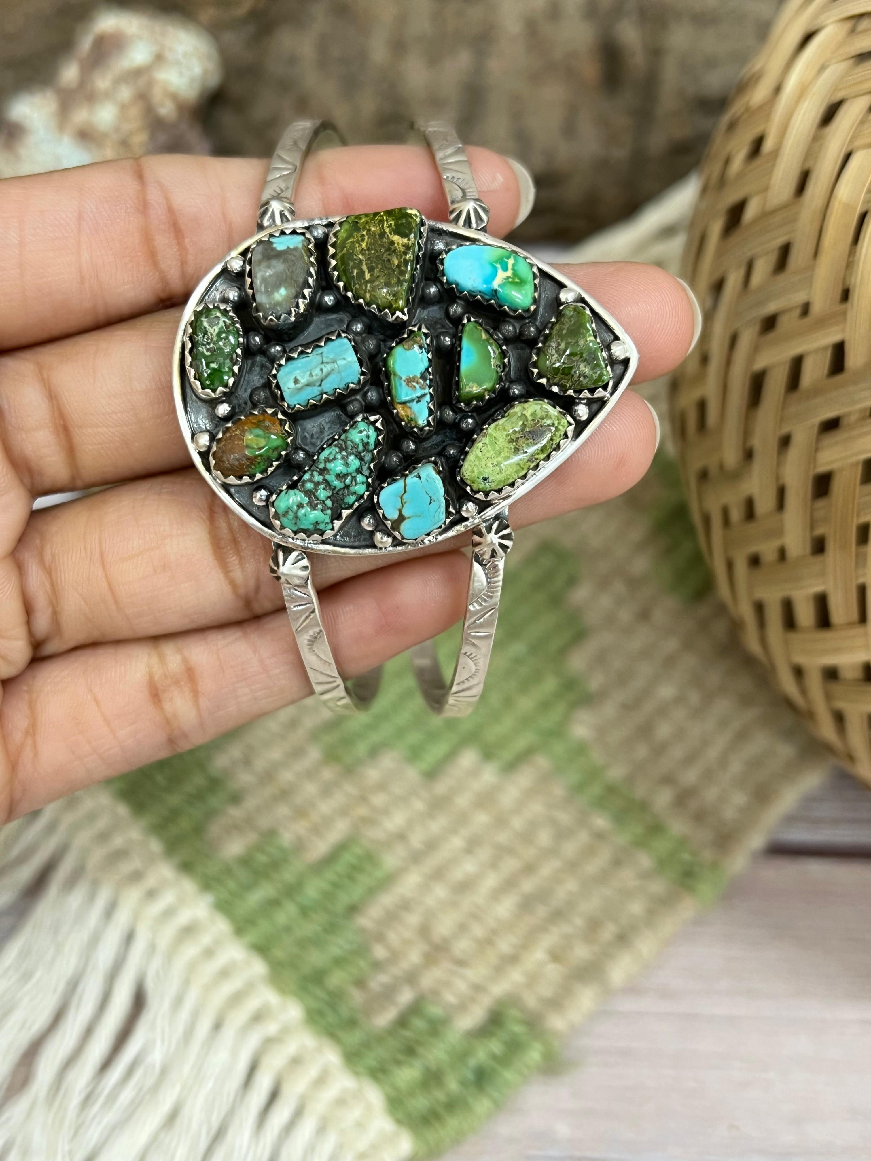 Handmade Sterling Silver Golden Hill, Sonoran Mountain Turquoise Bracelet with Signed Nizhoni /