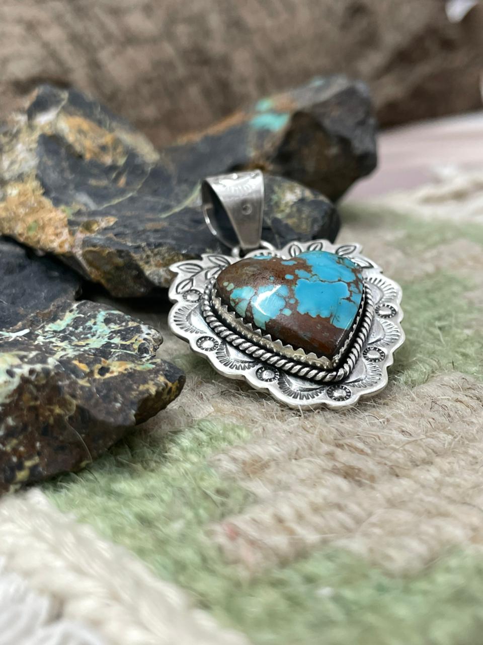 Handmade Sterling Silver Number 8 Turquoise Heart Pendant "Signed Nizhoni"