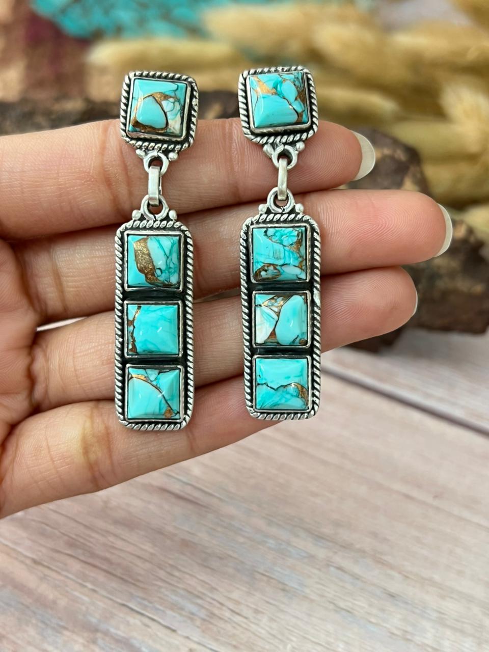 Handmade Sterling Silver Mint Dahlia Collection: Post Dangle Earrings "Signed Nizhoni"