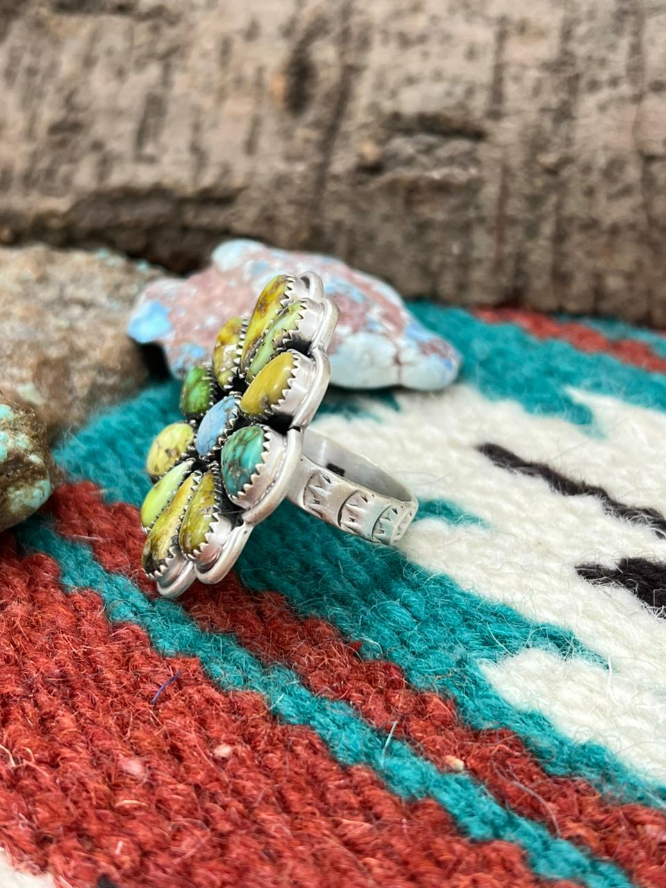 Handmade Sterling Silver Palomino with Golden Hills and Sonoran Mountain Turquoise Adjustable Ring " Signed Nizhoni"
