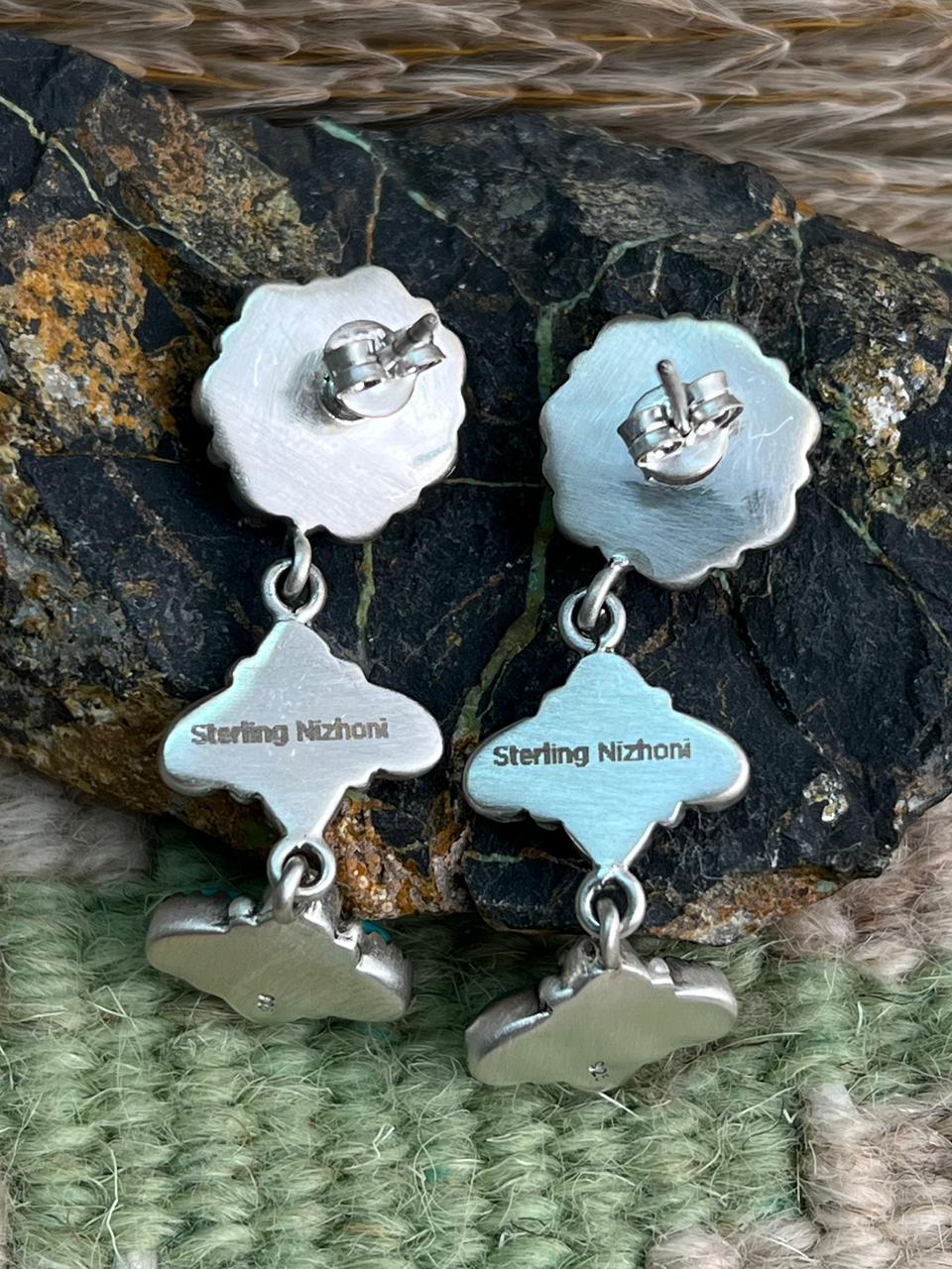 Handmade Sterling Silver Kingman Turquoise Post Dangle Earrings "Signed Nizhoni"