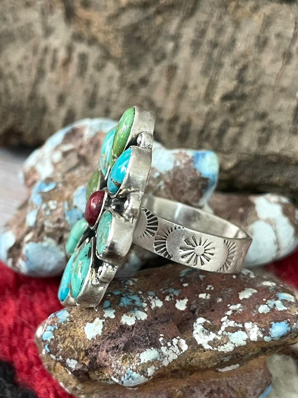 Handmade Sterling Silver Dahlia Rose With Emerald Valley Turquoise Ring "Signed Nizhoni"