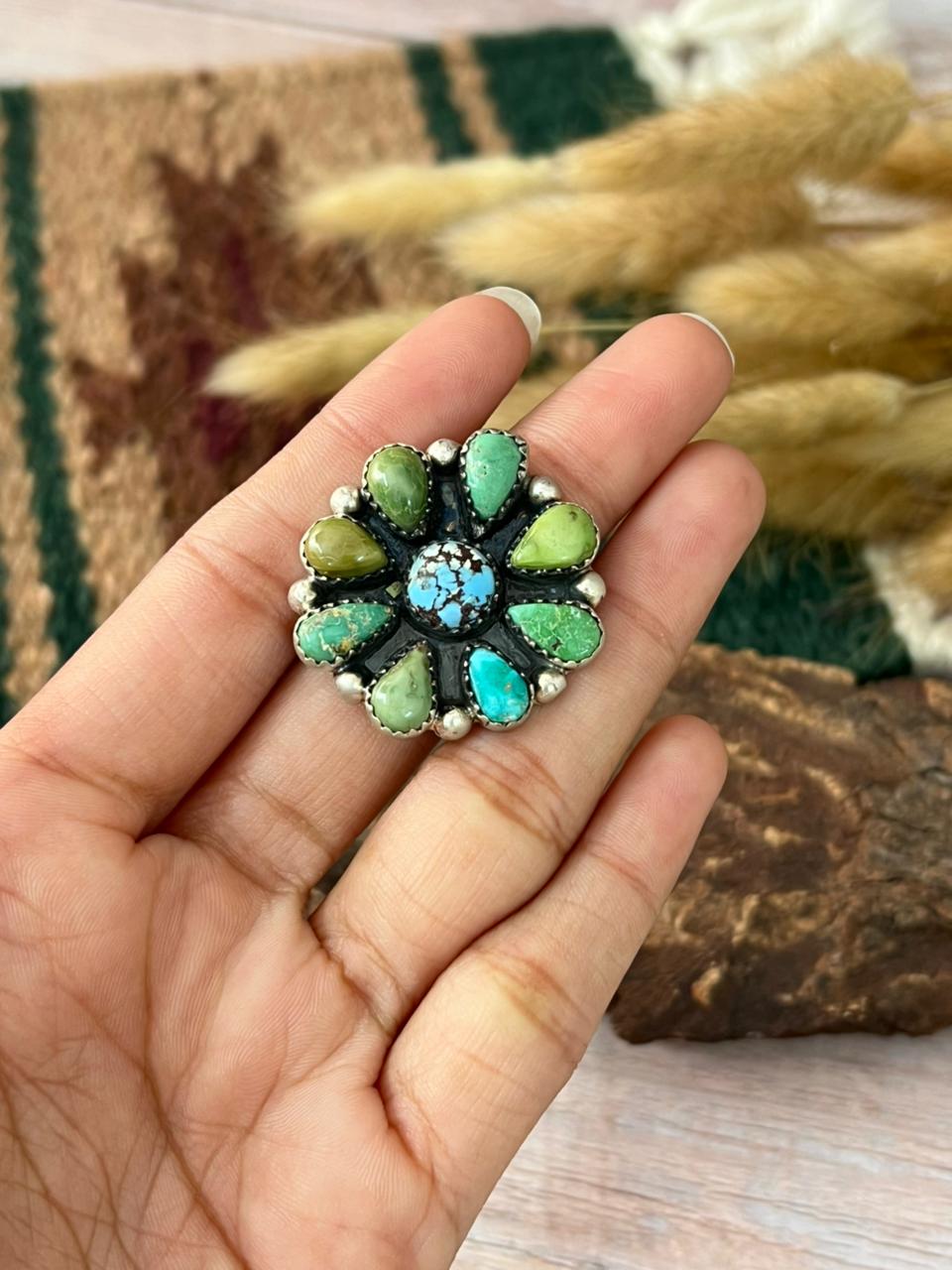 Handmade Sterling Silver Emerald Valley with Golden Hills Turquoise Adjustable Ring "Signed Nizhoni"