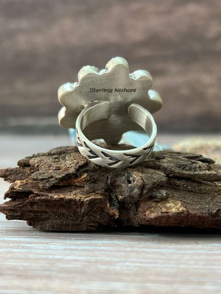 Handmade Sterling Silver Orange Mojave with Kingman Turquoise Adjustable Ring with Signed Nizhoni