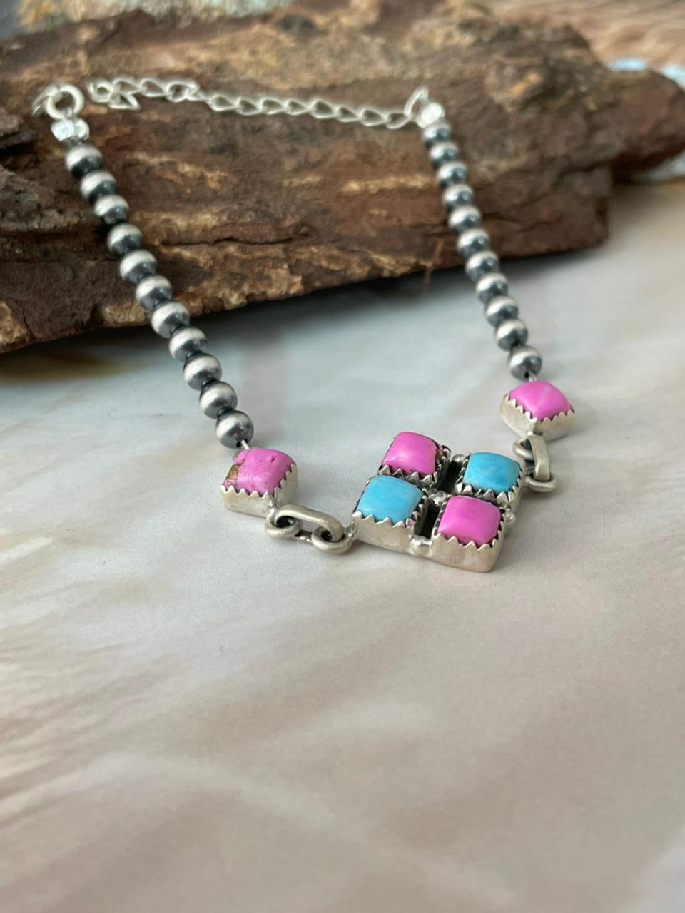 Handmade Sterling Silver Cotton Candy Beaded Bracelet "Signed Nizhoni"