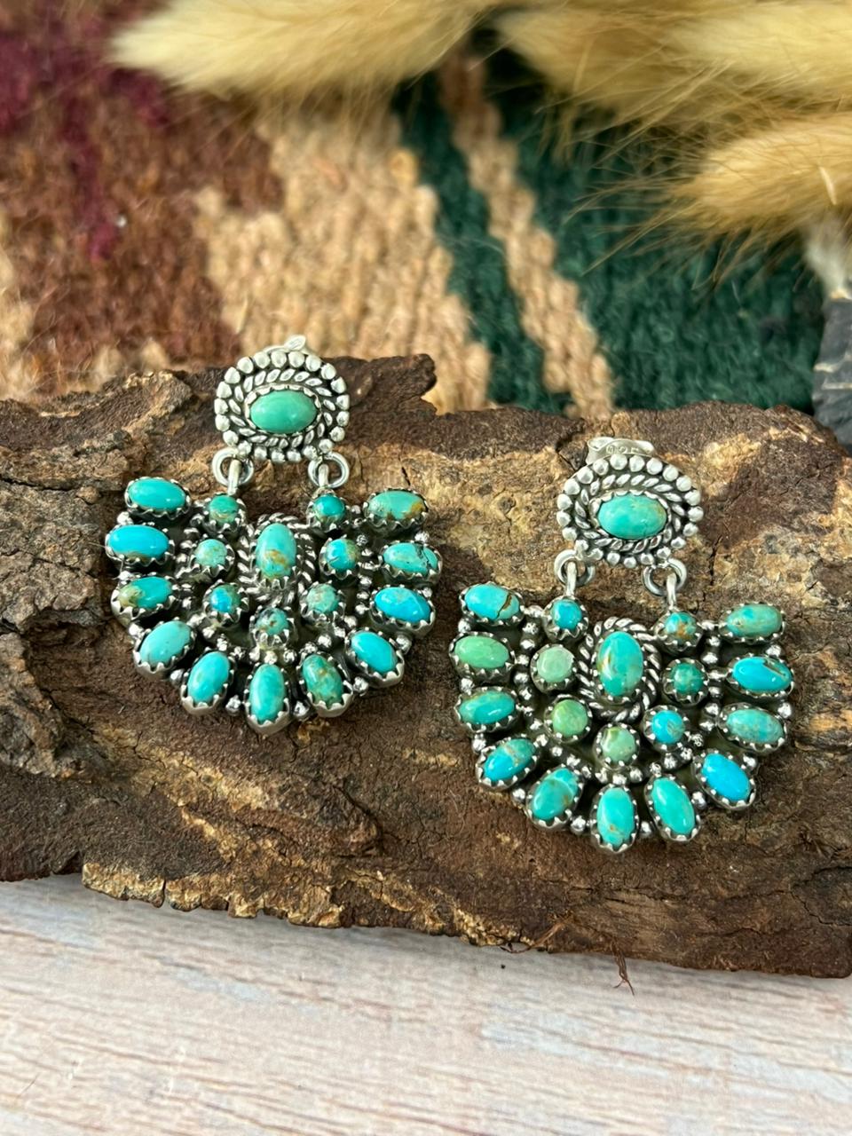 Handmade Sterling Silver Kingman Turquoise Post Dangle Earrings "Signed Nizhoni"