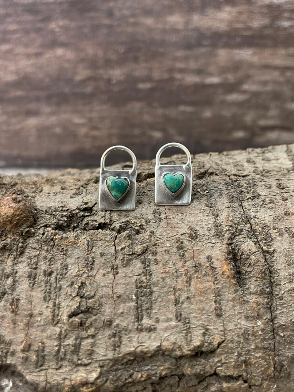 "Heart Collection" Handmade Sterling Silver Kingman Turquoise Post Studs Earrings "Signed Nizhoni"