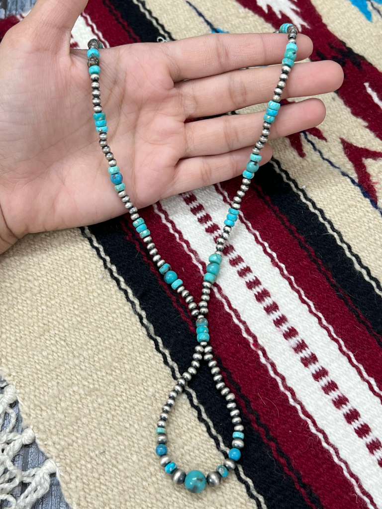 Handmade Sterling Silver Kingman Turquoise Beaded Necklace with Signed Nizhoni