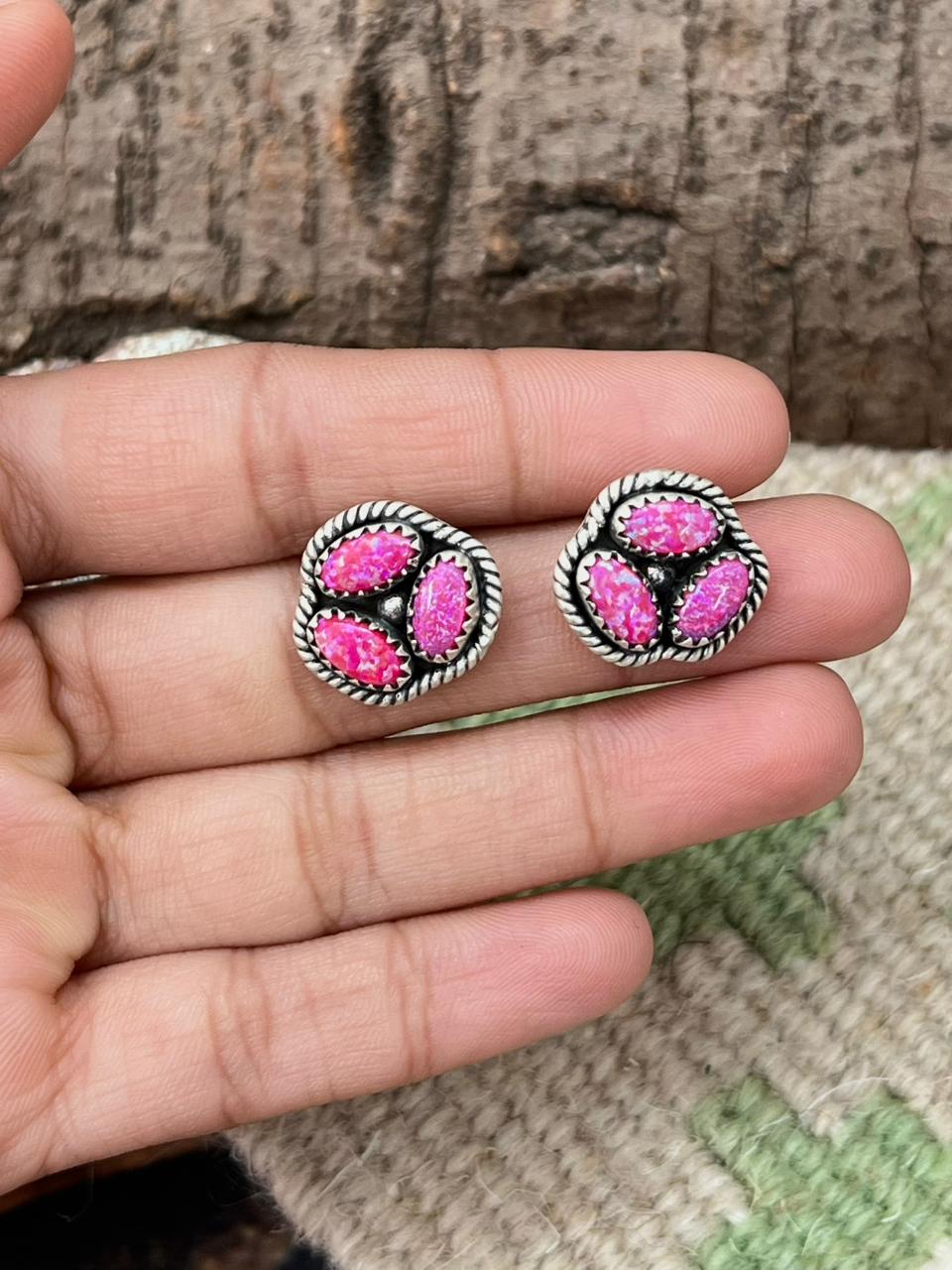 Handmade Sterling Silver Hot Pink Post Studs Earrings "Signed Nizhoni"