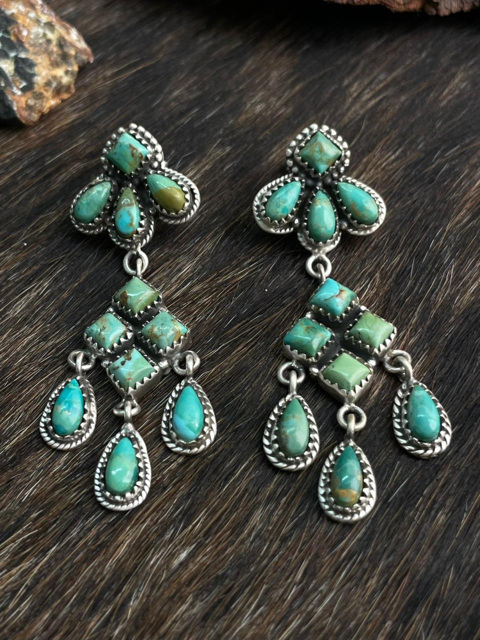 Handmade Sterling Silver Kingman Turquoise Post Dangle Earrings "Signed Nizhoni"