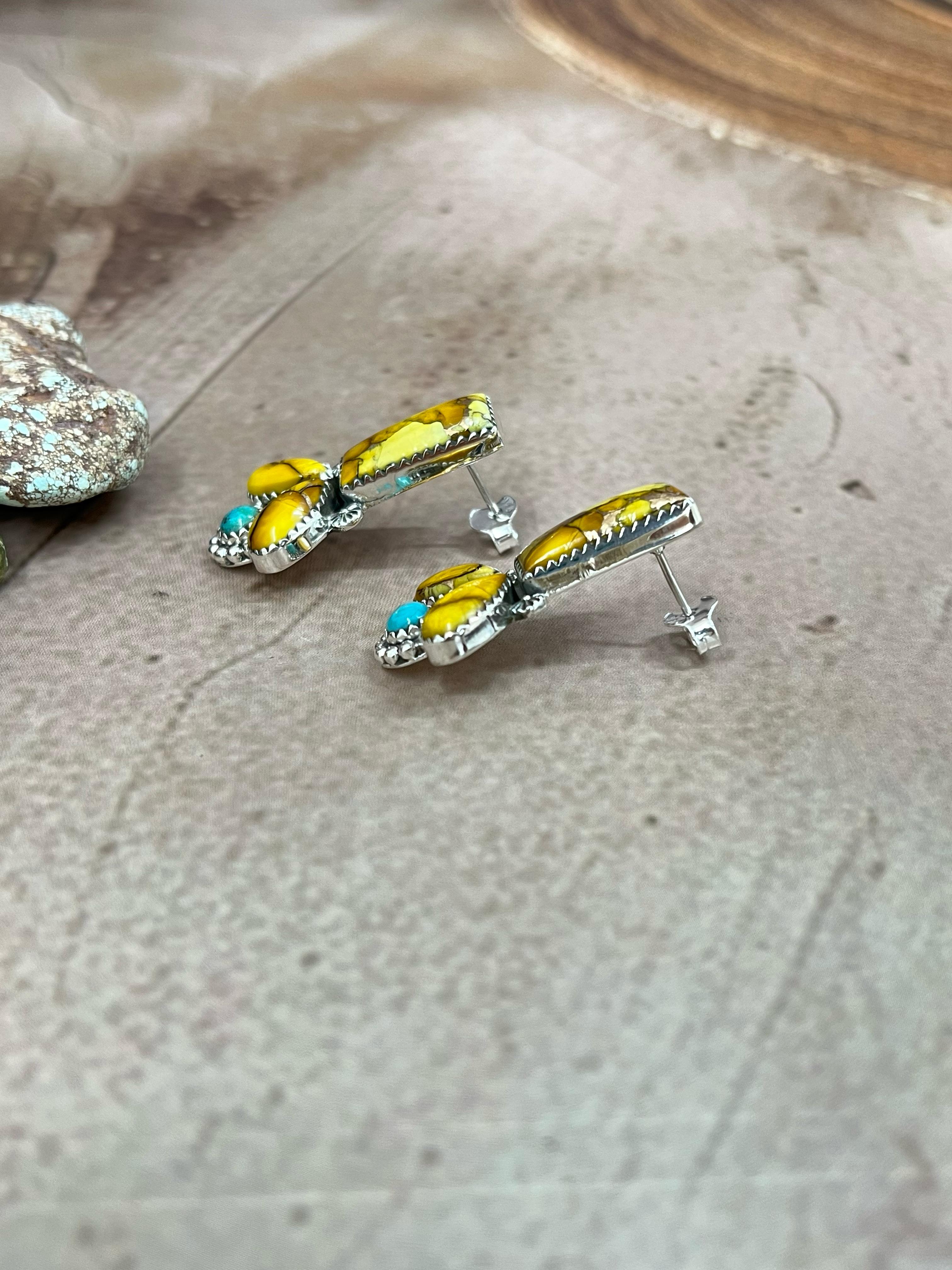 Handmade Sterling Silver Honey Dahlia with Kingman Turquoise Post Earrings with Signed Nizhoni (9)