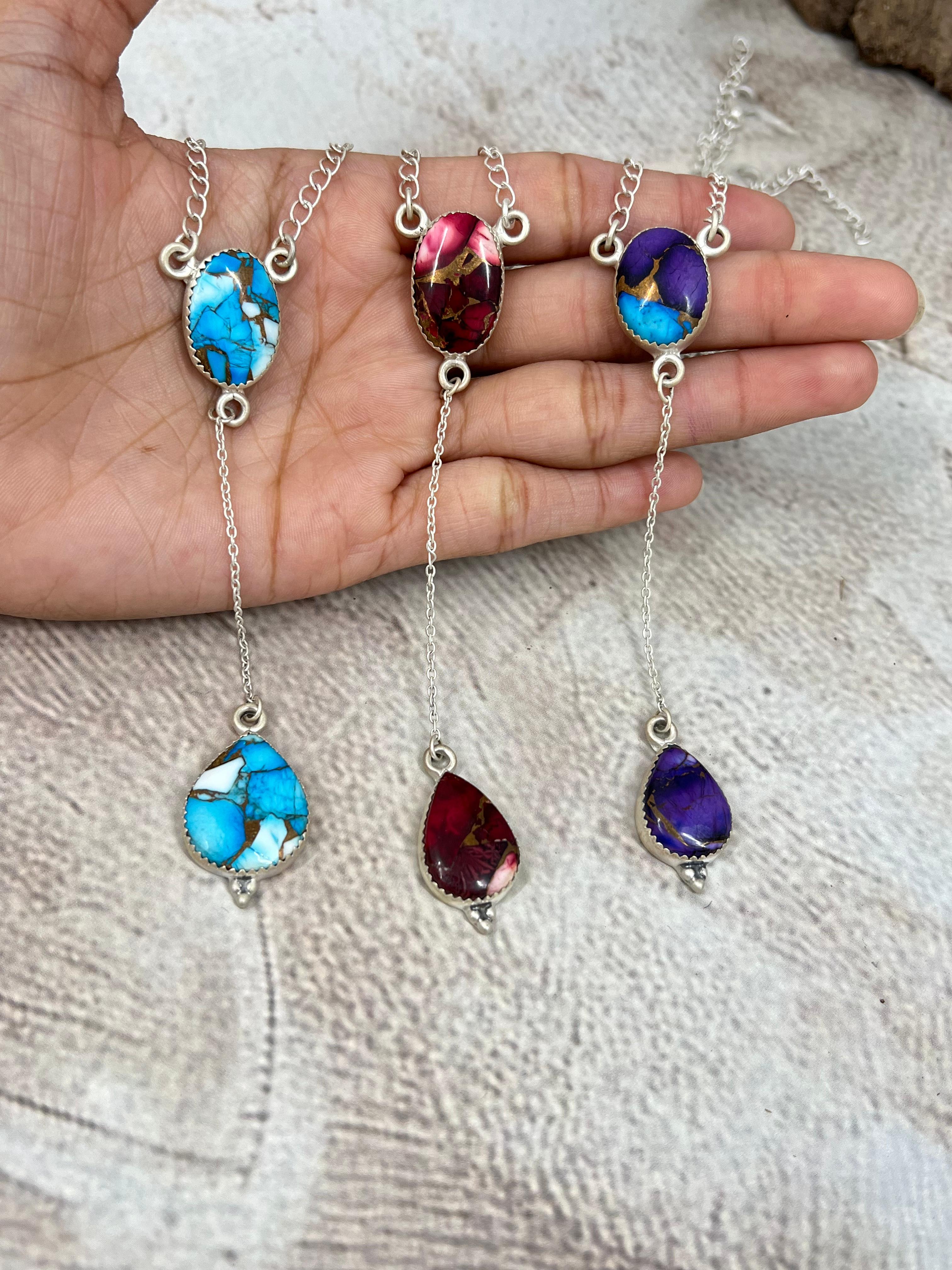 Handmade Sterling Silver Multi Stone Necklace with Signed Nizhoni