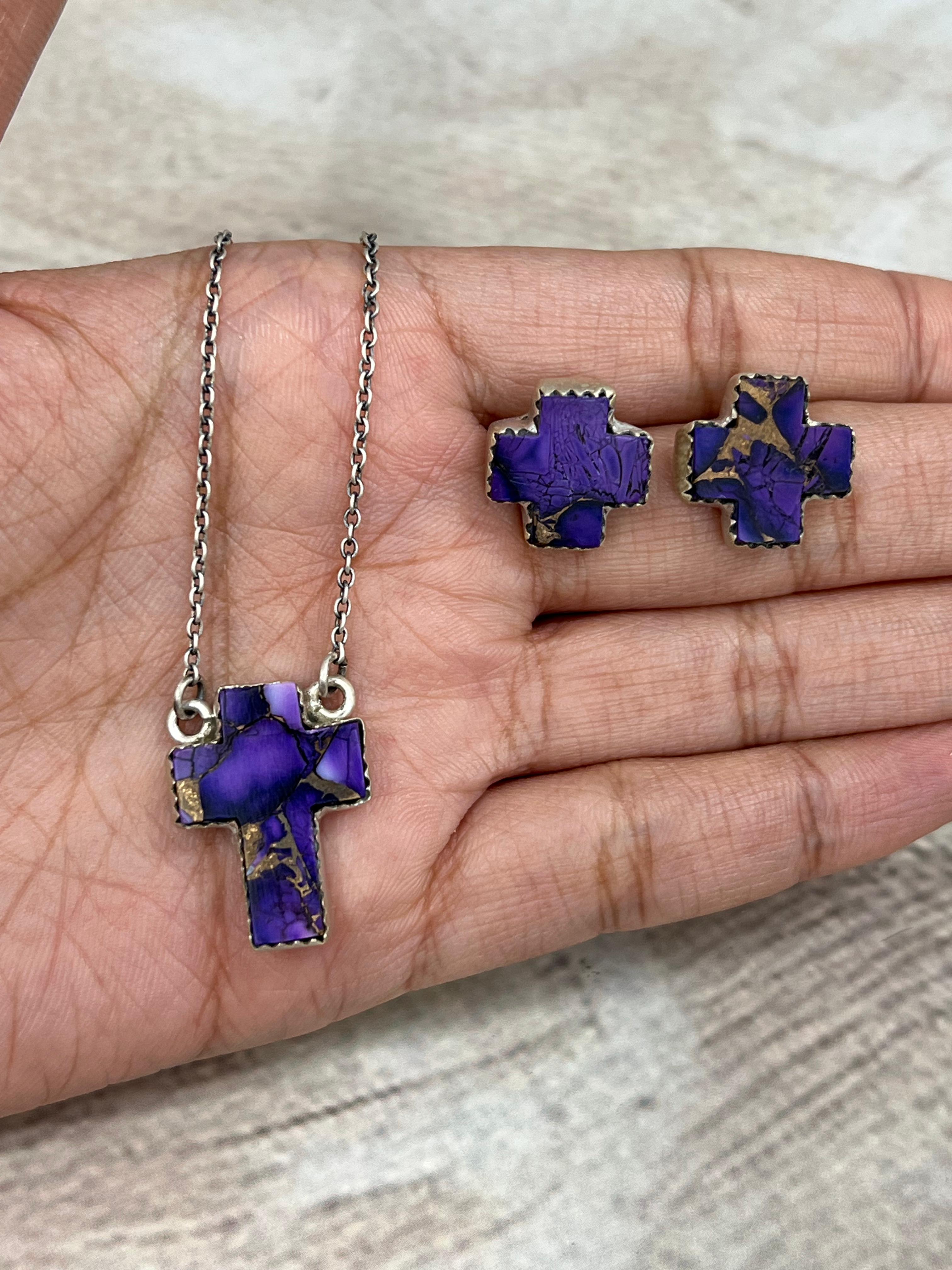 Handmade Sterling Silver Grape Dahlia Cross Necklace Earrings Set, Signed Nizhoni