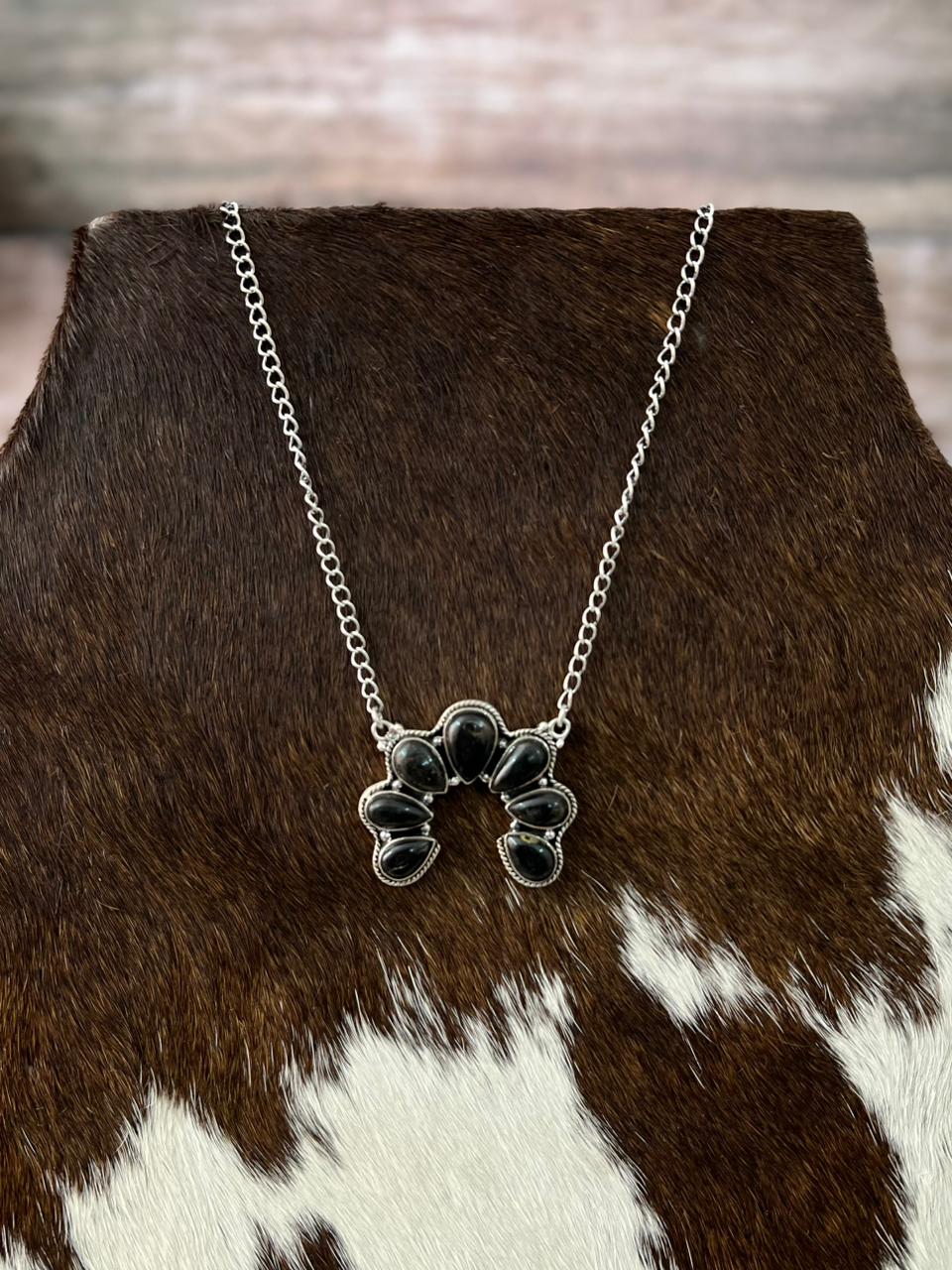 Handmade Sterling Silver Blackjack Turquoise Naja Necklace "Signed Nizhoni"