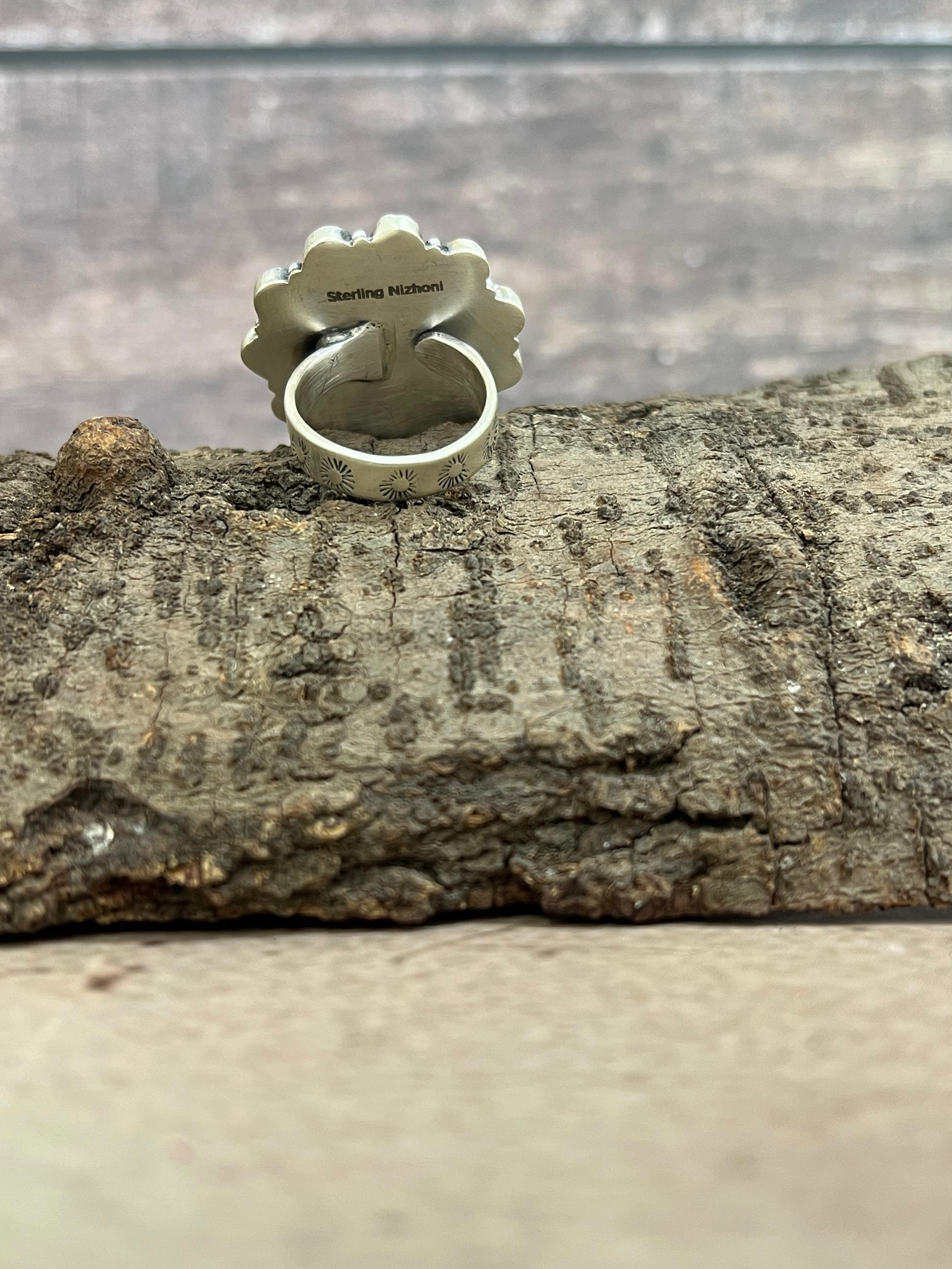 Handmade Sterling Silver Kingman Turquoise, Wild Horse Adjustable Ring with Signed Nizhoni