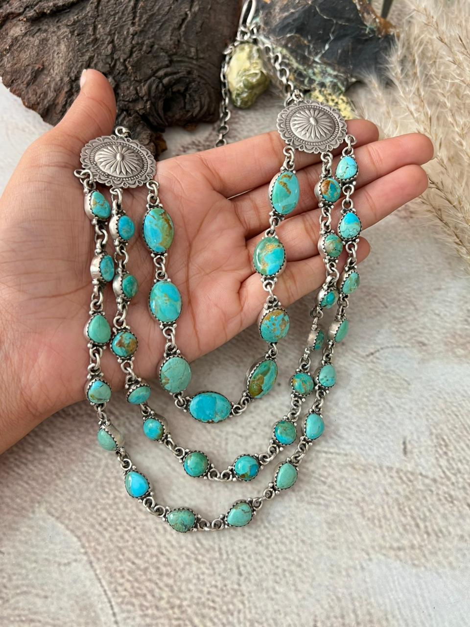 Handmade Sterling Silver Kingman Turquoise Layered Necklace "Signed Nizhoni"