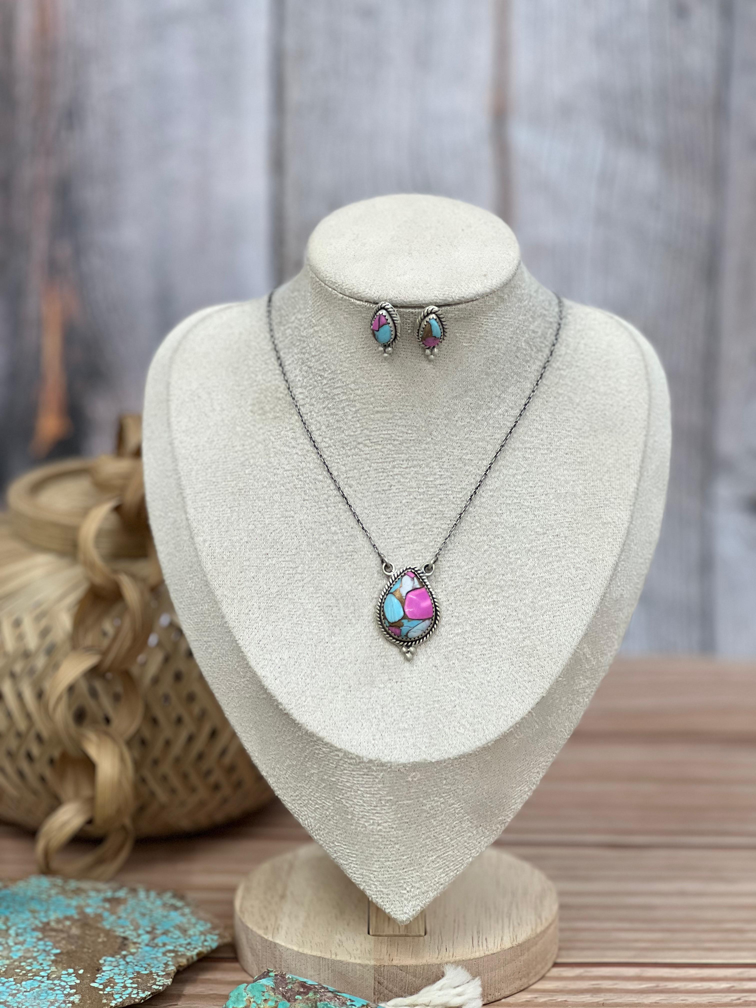 Handmade Sterling Silver Cotton Candy Turquoise Necklace Earrings Set, Signed Nizhoni