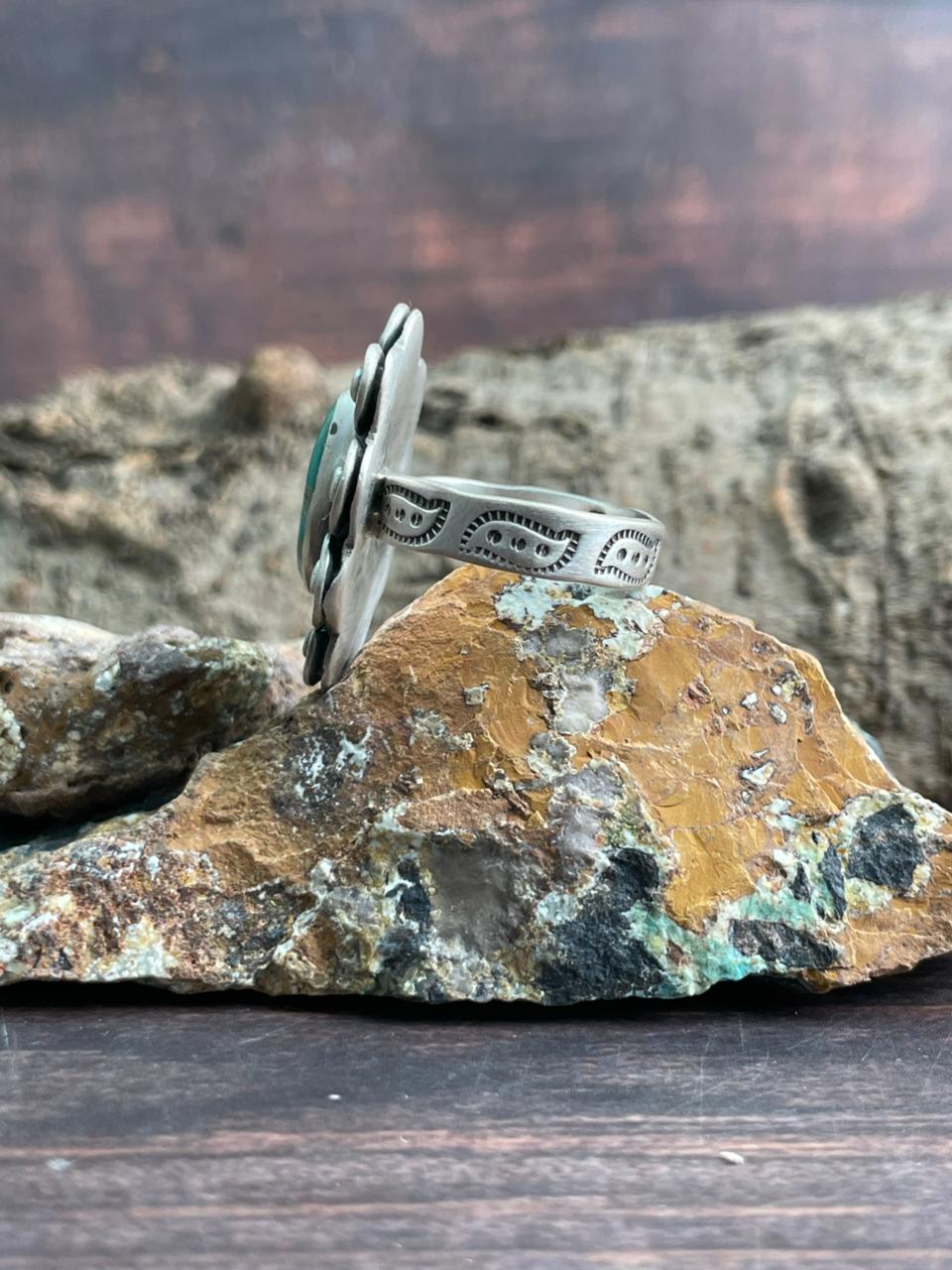 Handmade Sterling Silver Emerald Valley Turquoise Adjustable Ring "Signed Nizhoni"