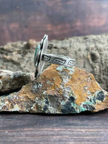 Handmade Sterling Silver Emerald Valley Turquoise Adjustable Ring "Signed Nizhoni"