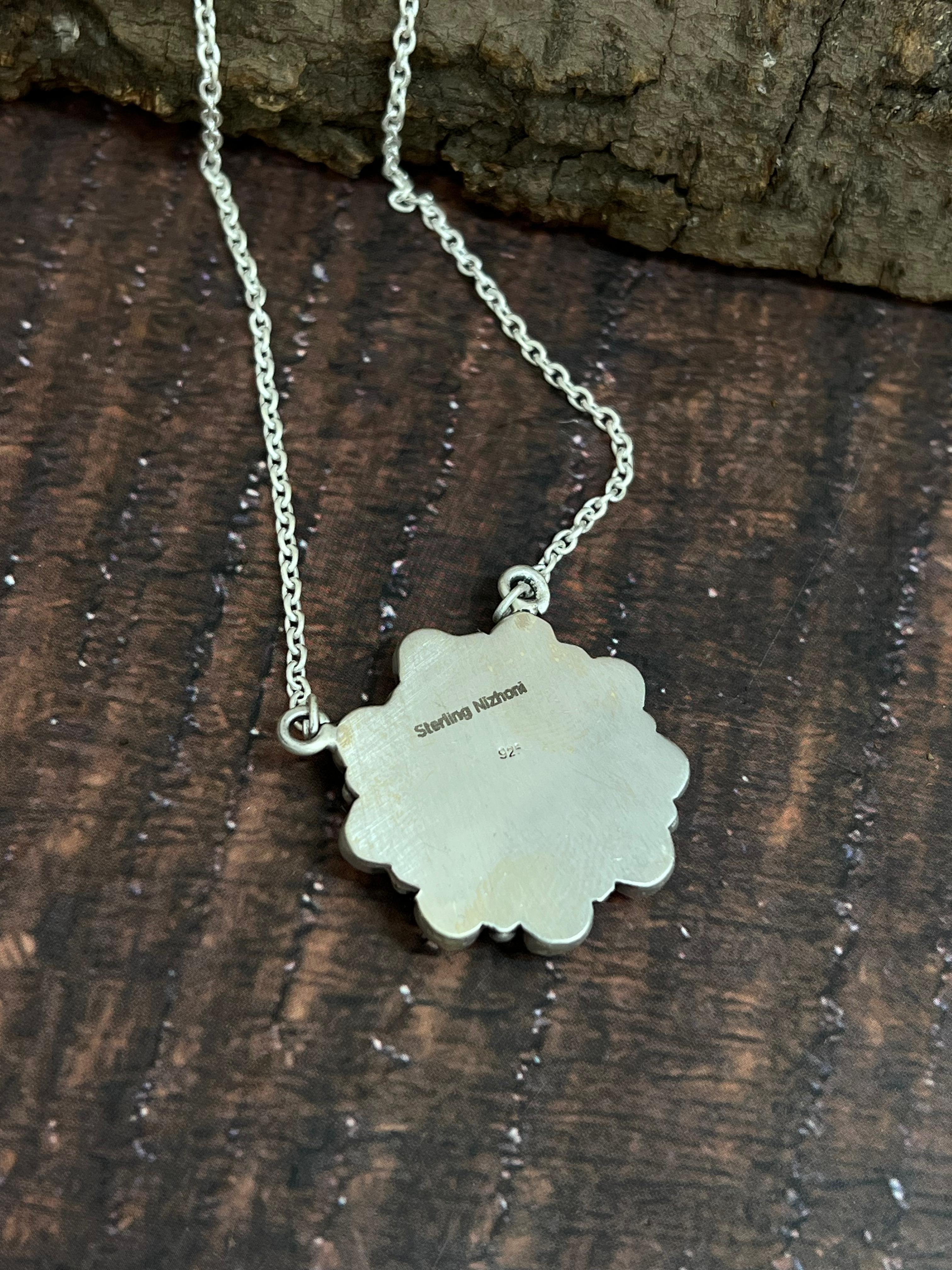 Handmade Sterling Silver Hot Pink with Kingman Turquoise Necklace, Signed Nizhoni