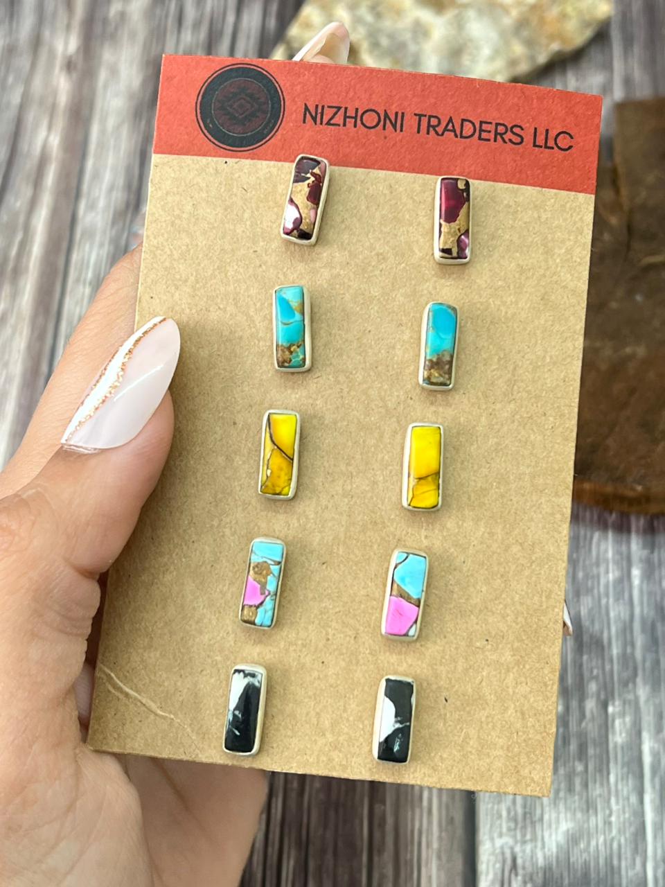 Handmade Sterling Silver Multi Stones Post Studs Earrings Card Set