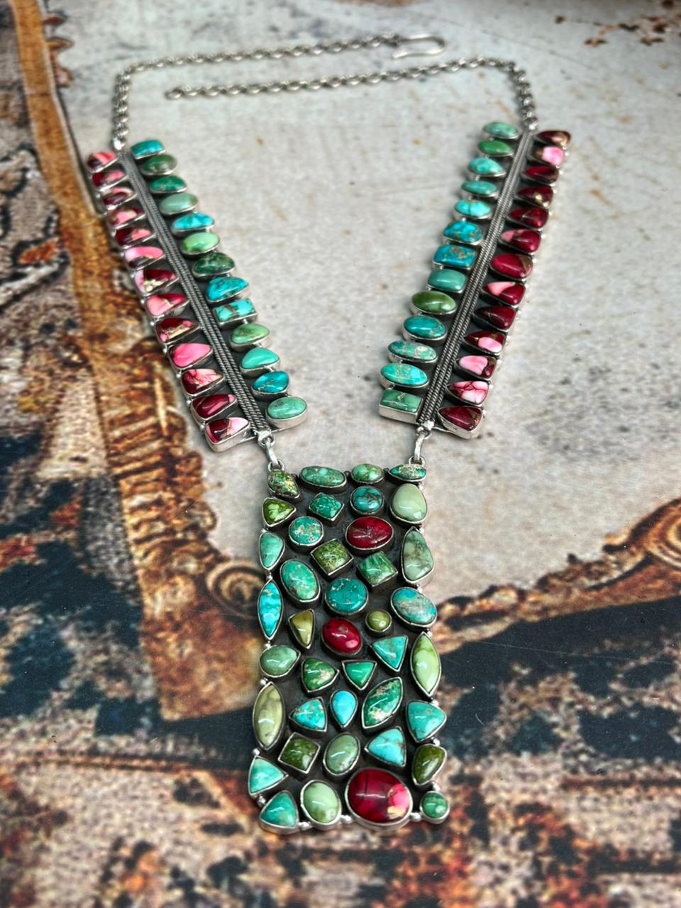 Handmade Sterling Silver Dahlia Rose with Emerald Valley Turquoise Necklace "Signed Nizhoni"