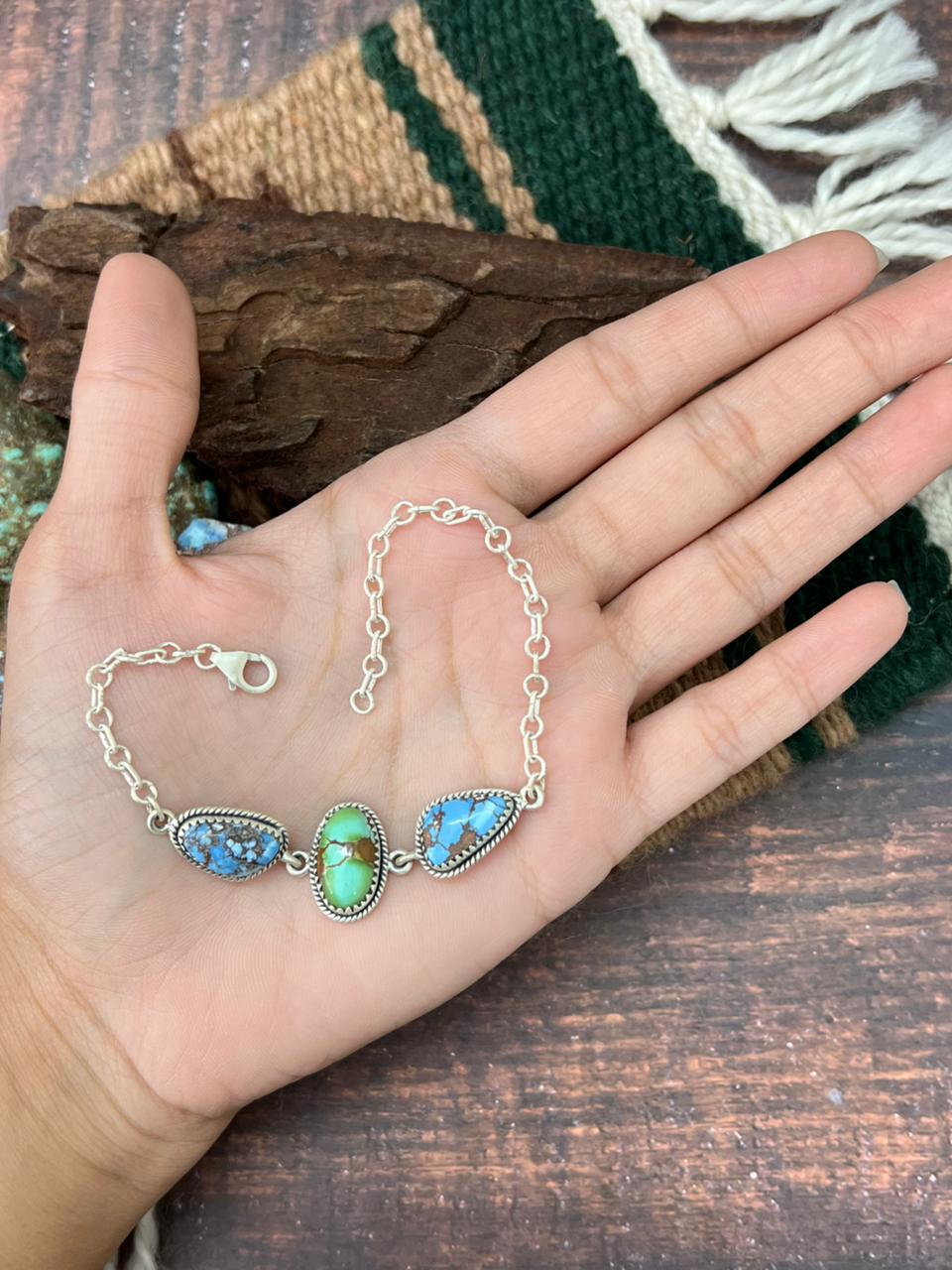 Handmade Sterling Silver Golden Hills with Sonoran Mountain Turquoise Chain Bracelet "Signed Nizhoni"