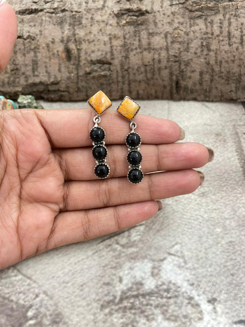 Handmade Sterling Silver Bumblebee with Black Onyx Post Dangle Earrings with Signed Nizhoni