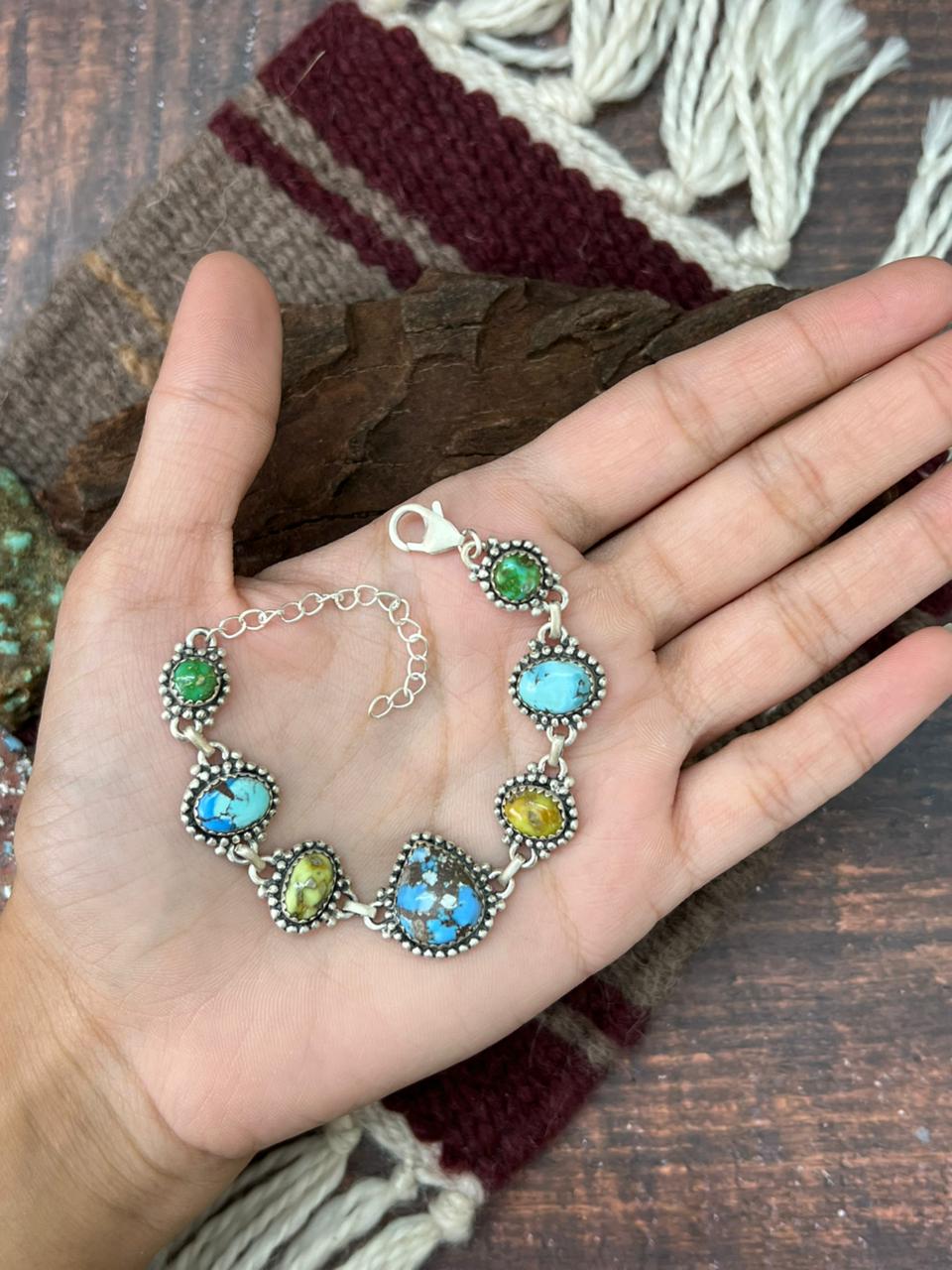 Handmade Sterling Silver Palomino with Golden Hills and Sonoran Turquoise Chain Bracelet "Signed Nizhoni"