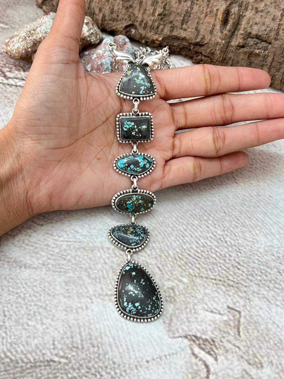 Handmade Sterling Silver Lander Turquoise Necklace with Signed Nizhoni