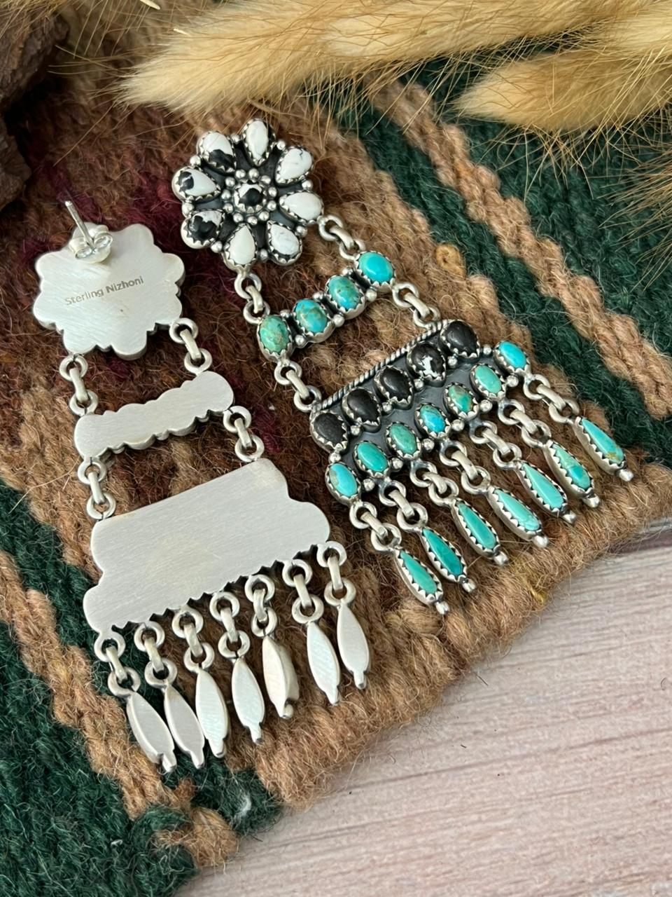 Handmade Sterling Silver Kingman Turquoise with White Buffalo Post Dangle Earrings "Signed Nizhoni"