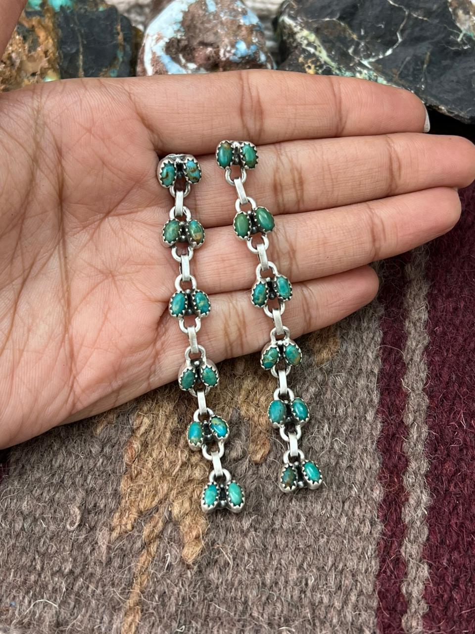 Handmade Sterling Silver Kingman Turquoise Post Dangle Earrings "Signed Nizhoni"