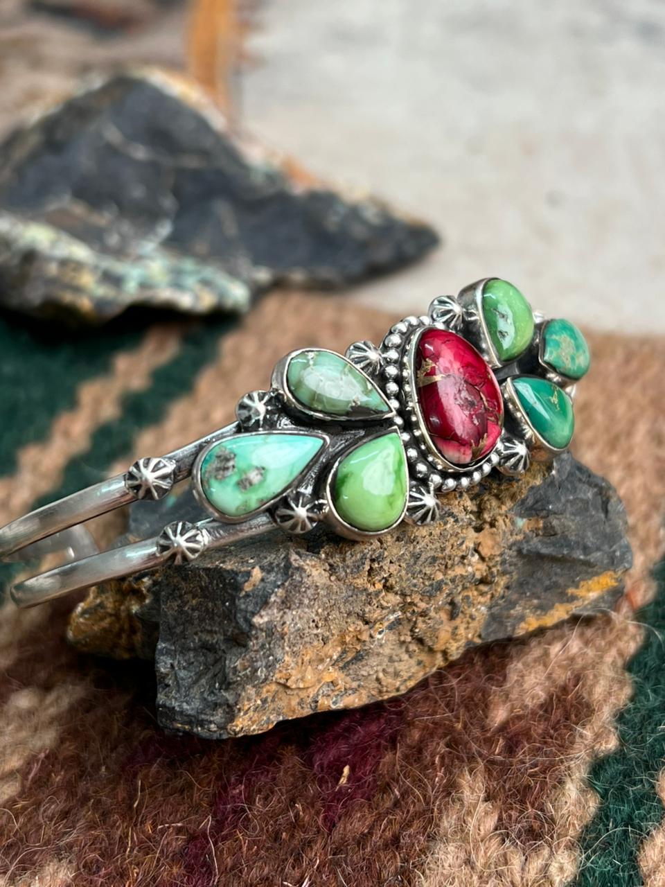 Handmade Sterling Silver Dahlia Rose with Emerald Valley Turquoise Cuff Bracelet "Signed Nizhoni"