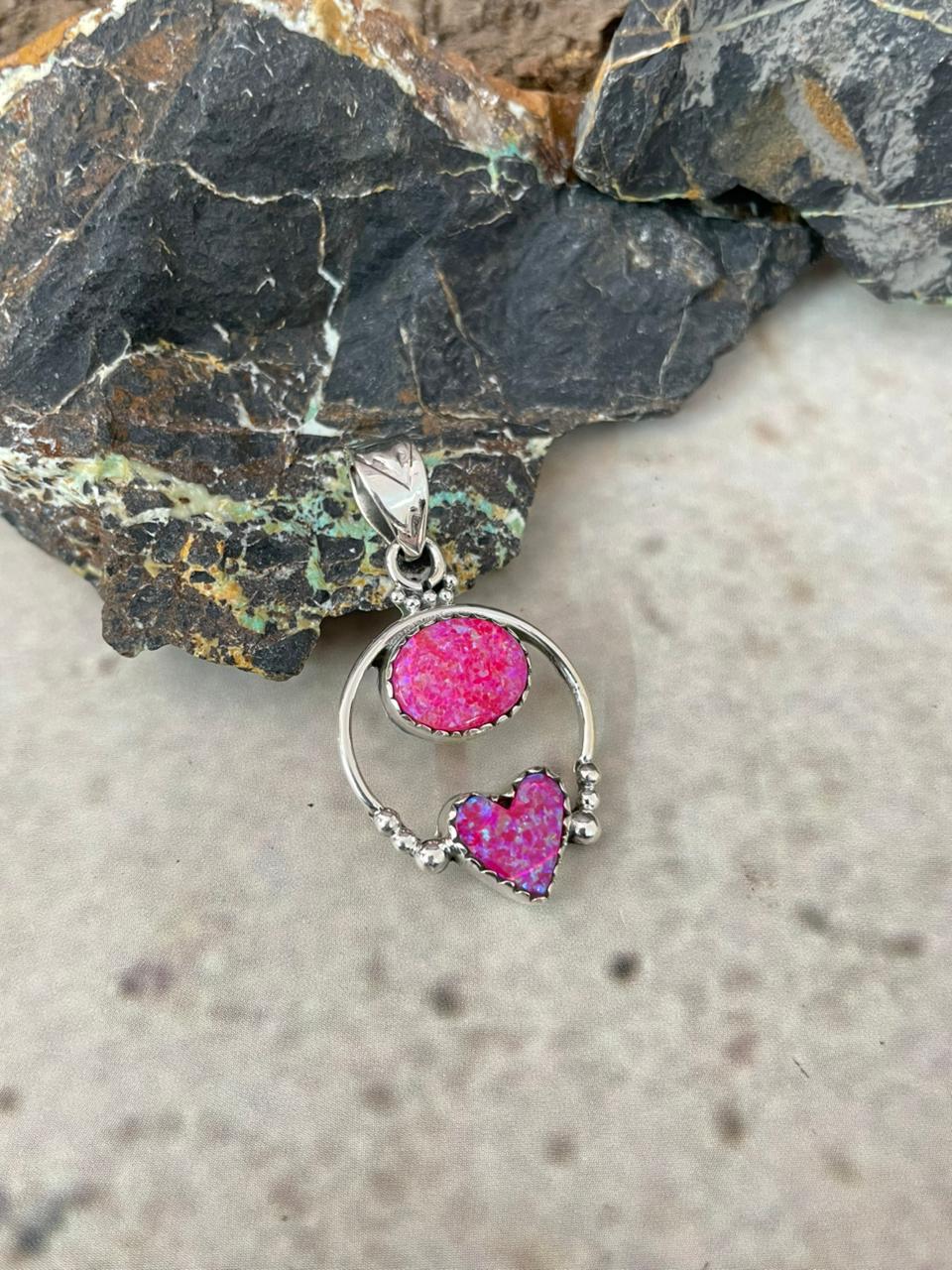 "Heart Collection" Handmade Sterling Silver Hot Pink Pendant "Signed Nizhoni"