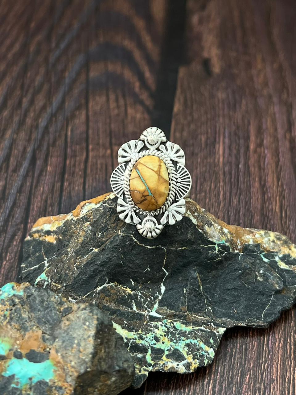 Handmade Sterling Silver Royston Ribbon Turquoise Adjustable Ring "Singed Nizhoni"