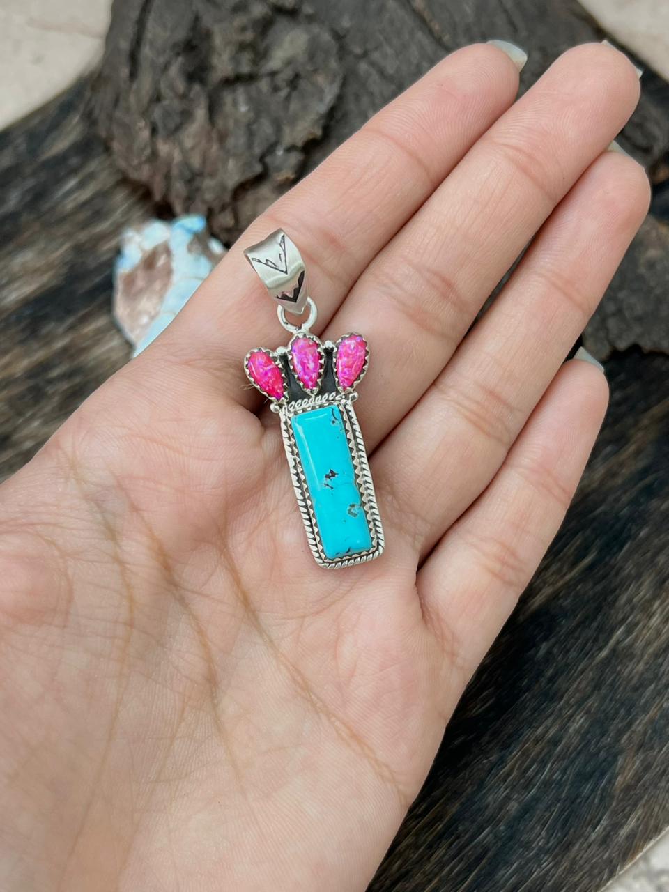 Handmade Sterling Silver Kingman with Hot Pink Pendant "Signed Nizhoni"