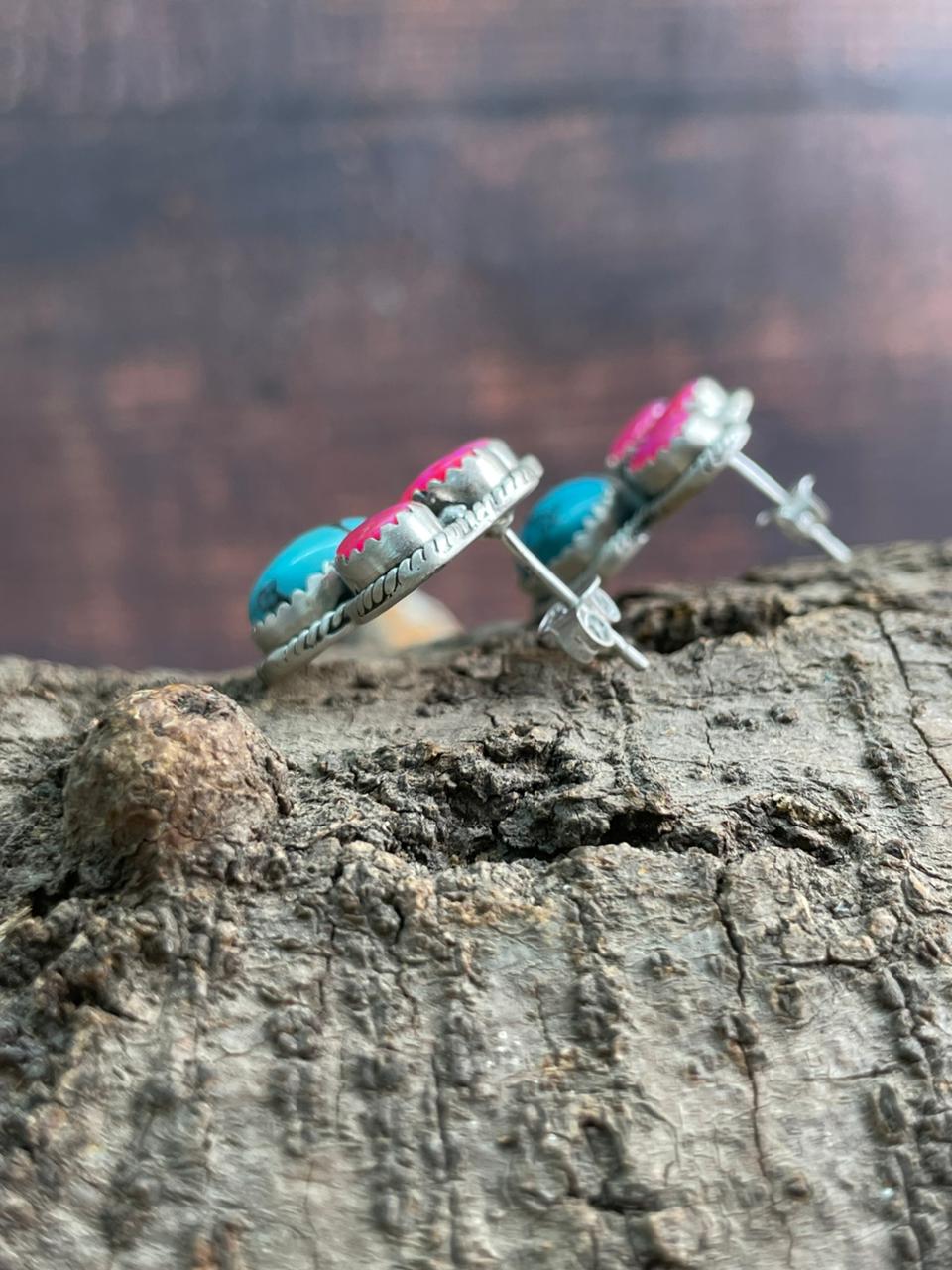 Handmade Sterling Silver Arizona Blue Turquoise with Hot Pink Post Studs Earrings "Signed Nizhoni"