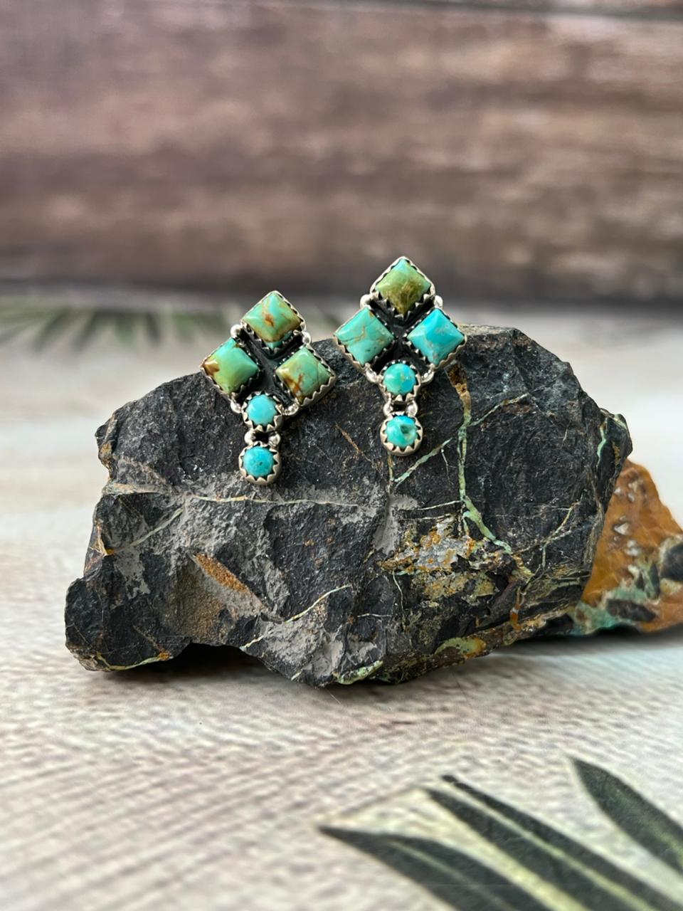 Handmade Sterling Silver Kingman Turquoise Post Studs Earrings "Signed Nizhoni"