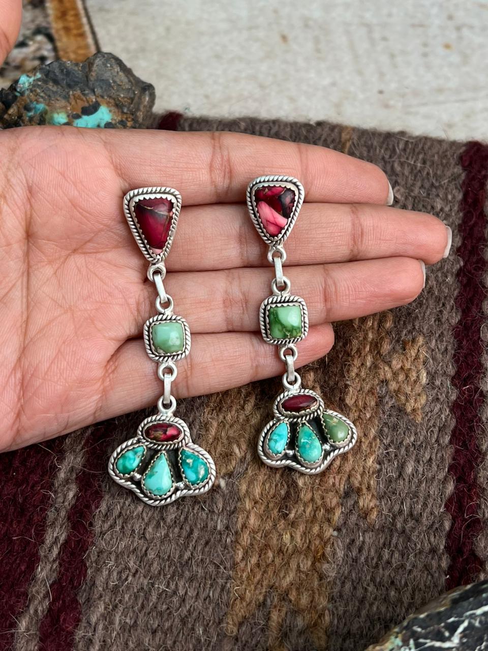 Handmade Sterling Silver Dahlia Rose with Emerald Valley Turquoise Post Earrings "Signed Nizhoni"