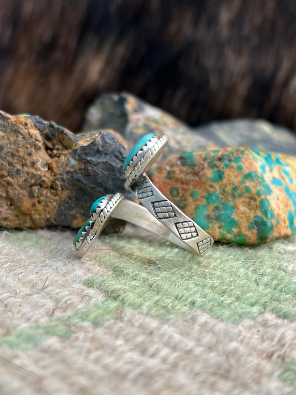 Handmade Sterling Silver Emerald Valley with Santa Maria Turquoise Adjustable Ring "Signed Nizhoni"