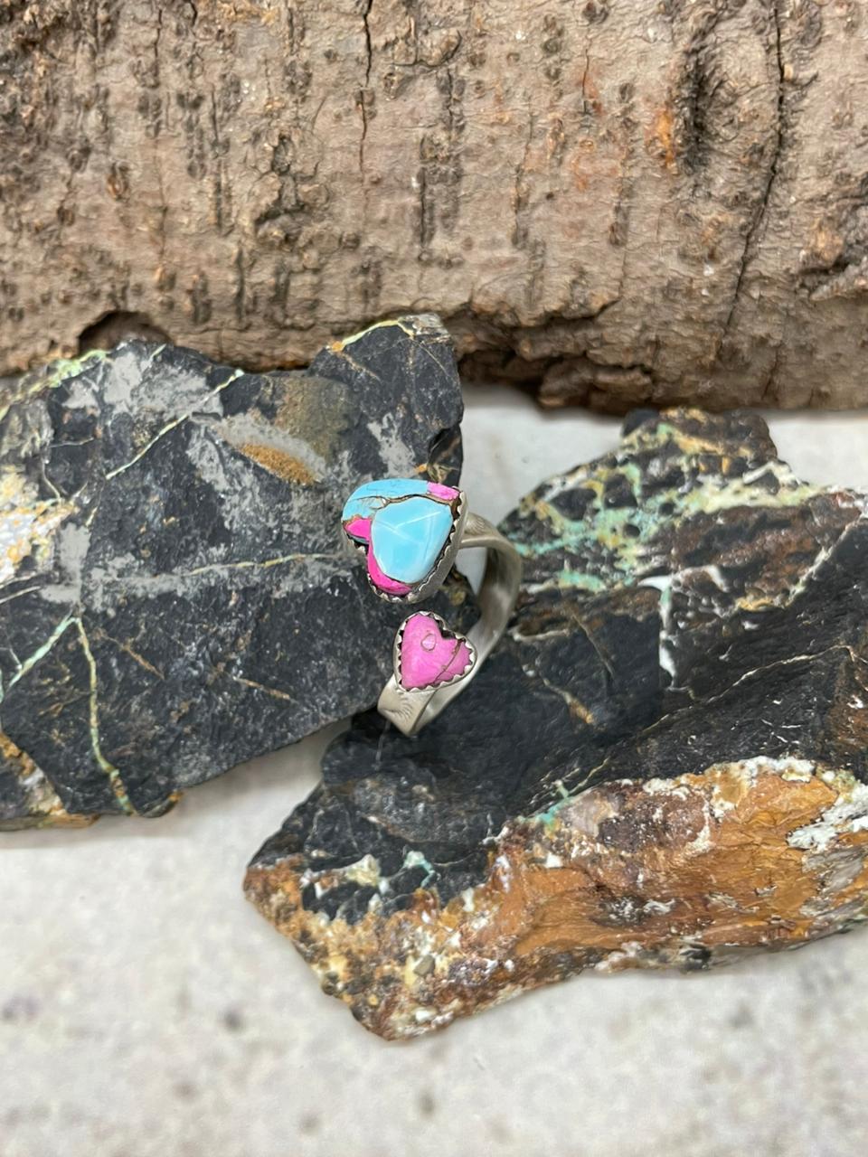 "Heart Collection" Handmade Sterling Silver Cotton Candy Adjustable Ring "Signed Nizhoni"