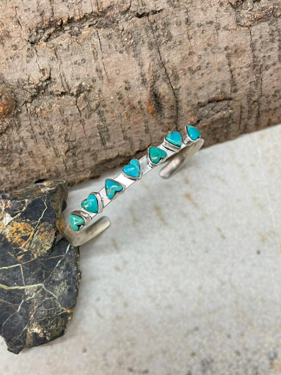 "Heart Collection" Handmade Sterling Silver Kingman Turquoise Bracelet "Signed Nizhoni"