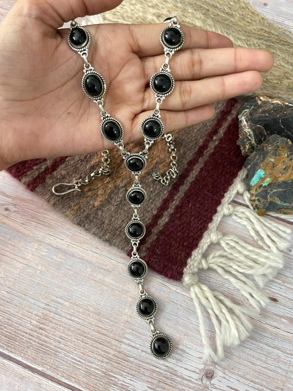 Handmade Sterling Silver Black Onyx 'Y Shaped' Necklace "Signed Nizhoni"