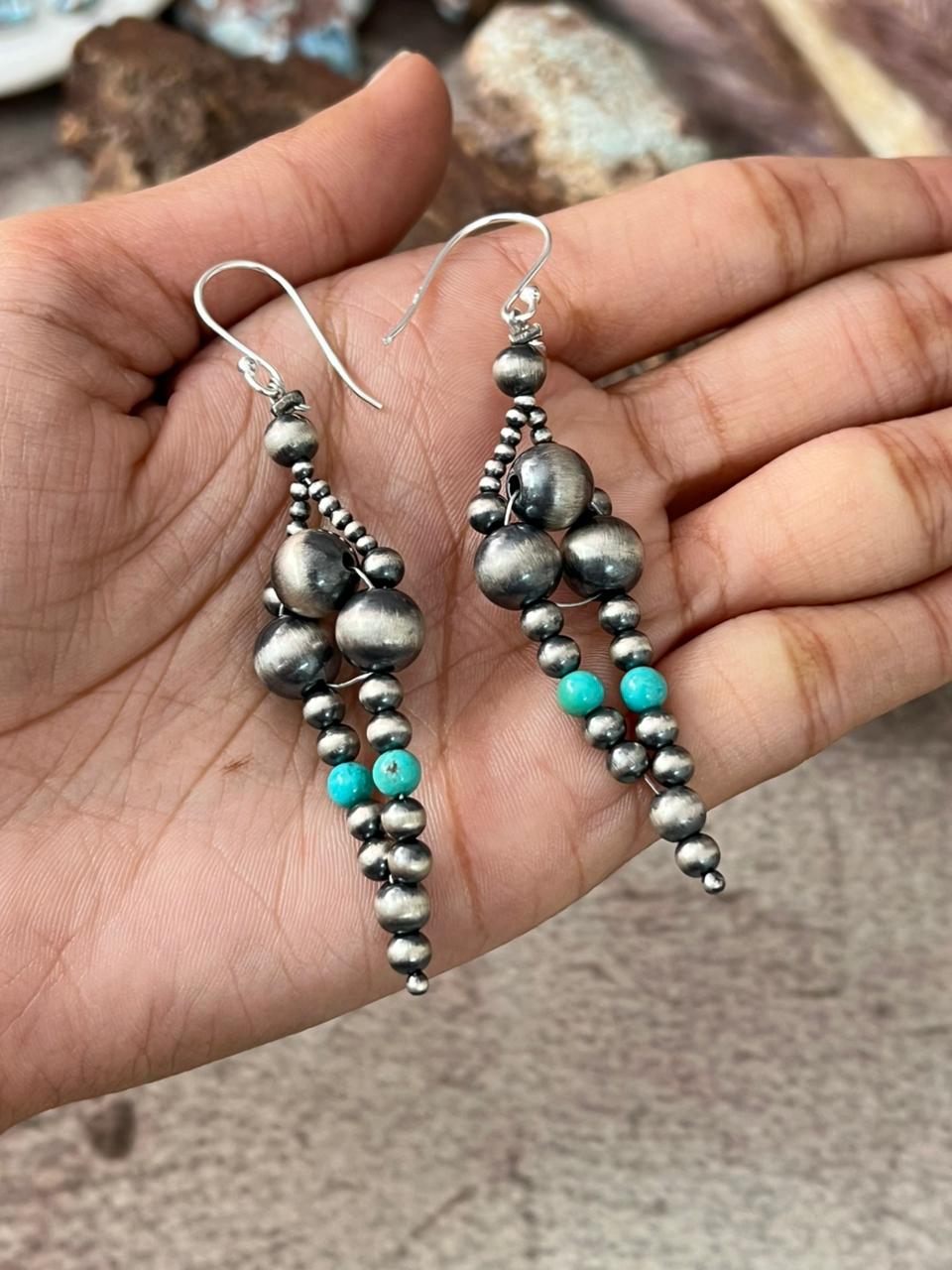 Handmade Sterling Silver Kingman Turquoise Hook Dangle Beaded Earrings