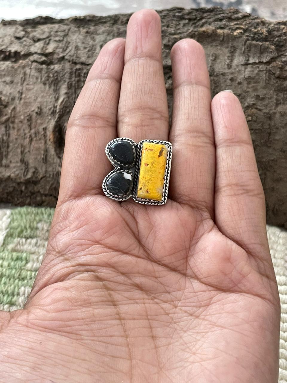 "Halloween Collection" Handmade Sterling Silver Black Onyx, Bumblebee Adjustable Ring with Signed Nizhoni