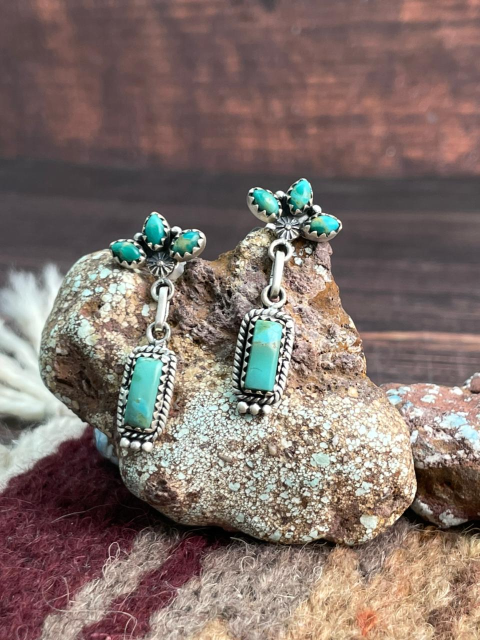 Handmade Sterling Silver Kingman Turquoise Post Dangle Earrings "Signed Nizhoni"
