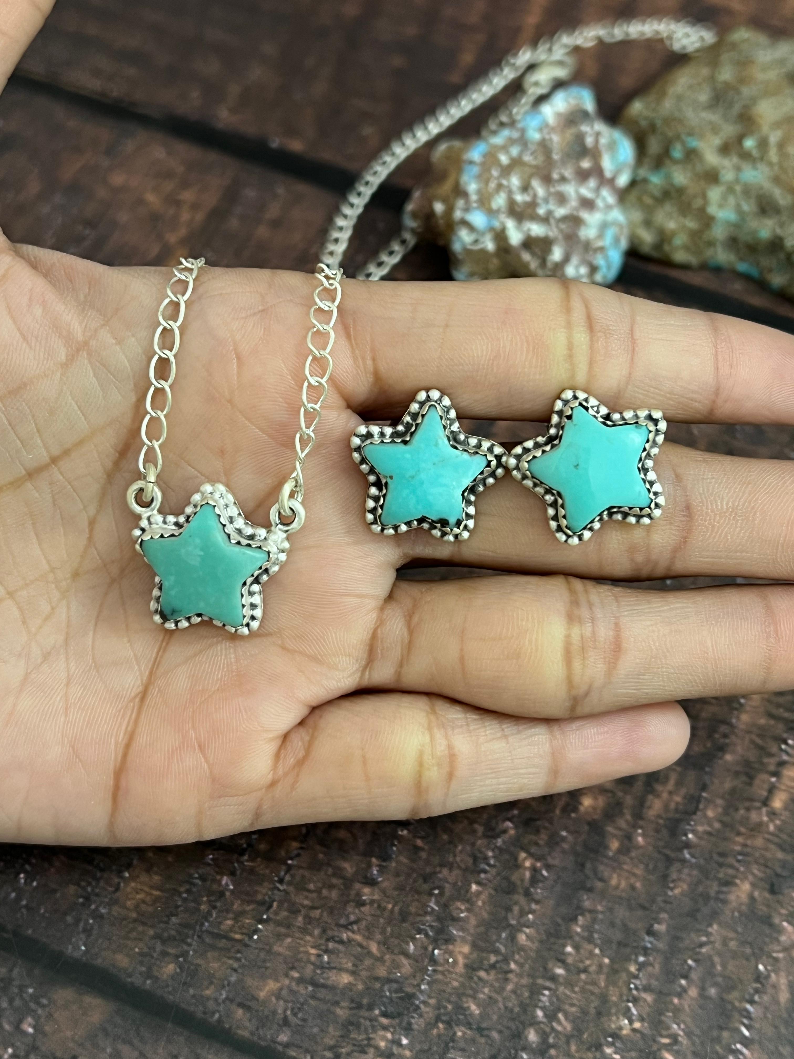 Handmade Sterling Silver Campitos Turquoise Star Necklace Earrings Set, Signed Nizhoni